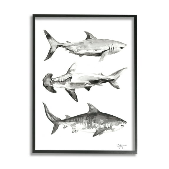 Stupell Industries Nautical Shark Trio Animals & Insects Painting Black Framed Art Print Wall Art, 16 x 20