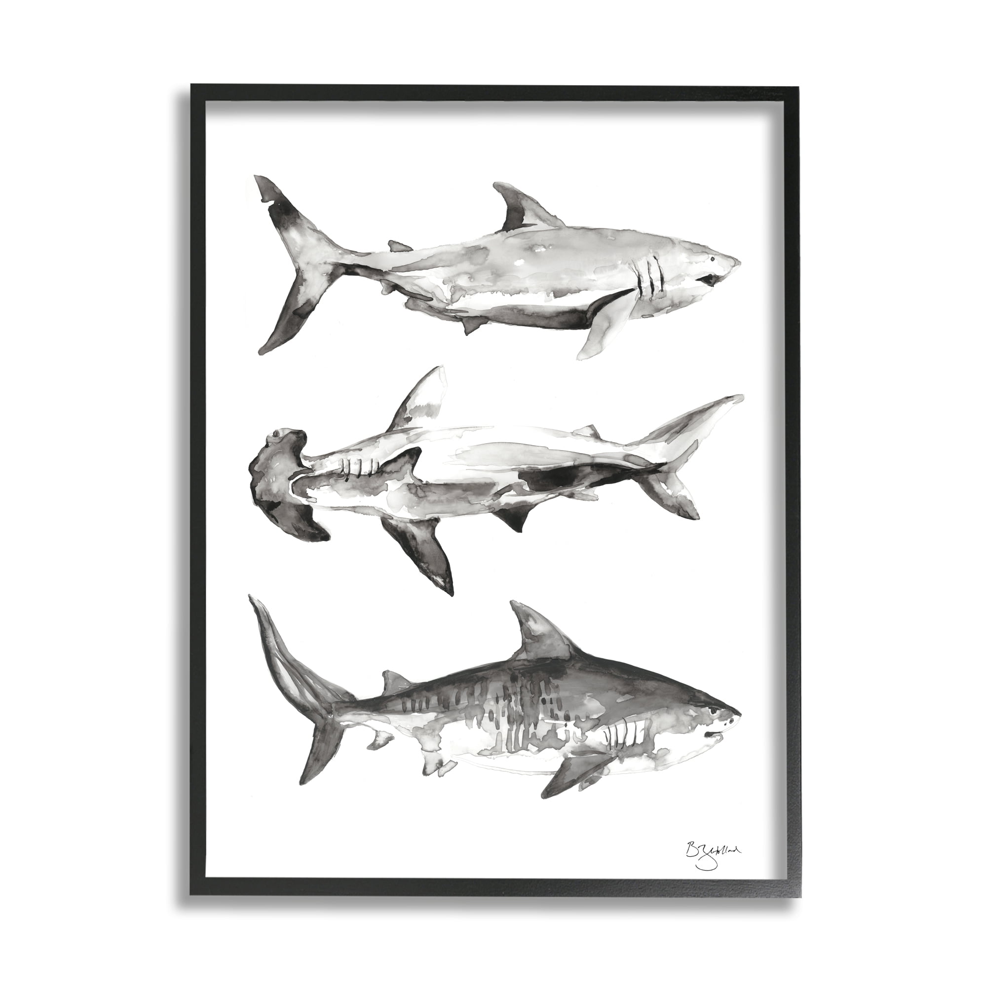Stupell Industries Nautical Shark Trio Animals & Insects Painting Black Framed Art Print Wall Art, 24 x 30