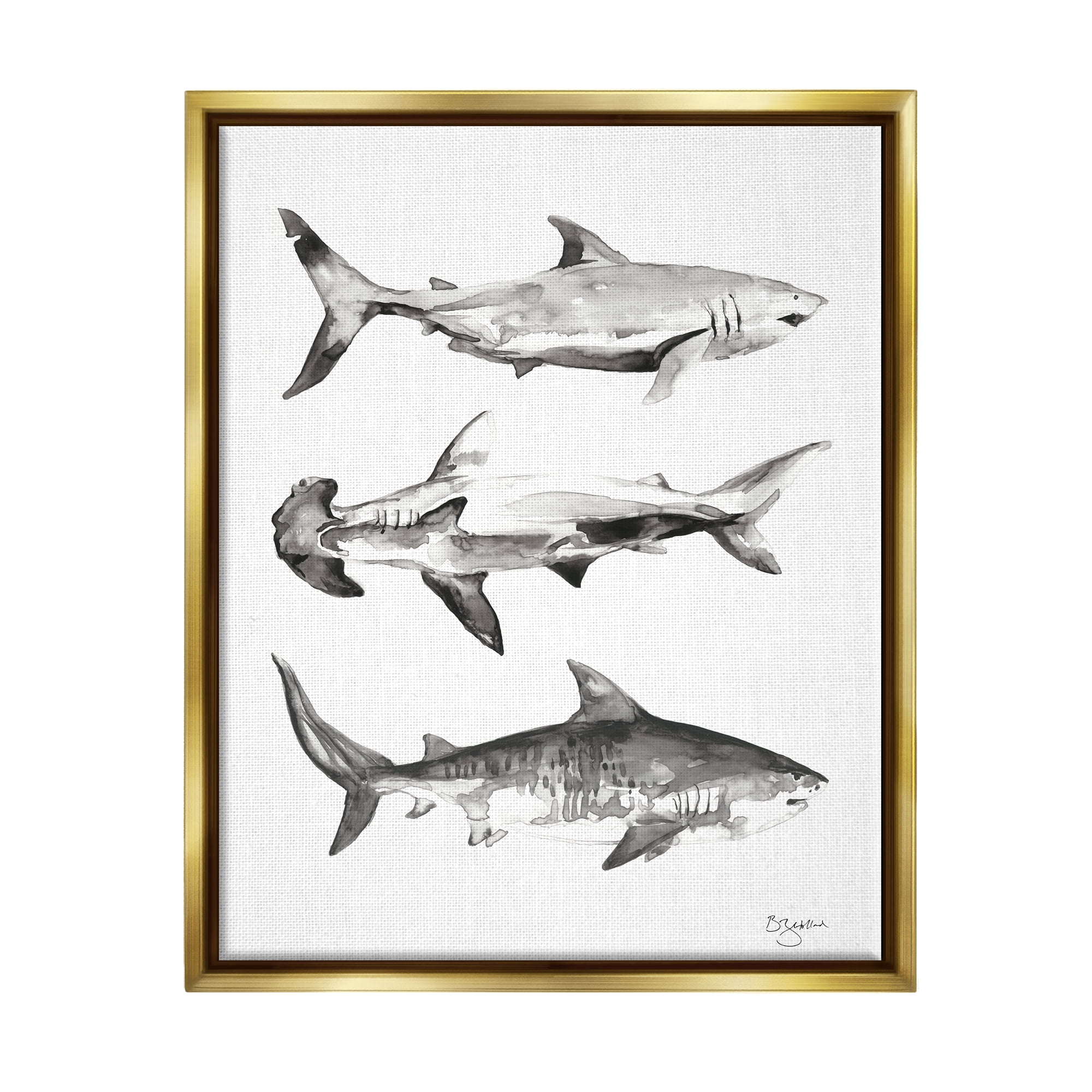 Stupell Industries Nautical Shark Trio Animals & Insects Painting Gold Floater Framed Art Print Wall Art, 17 x 21