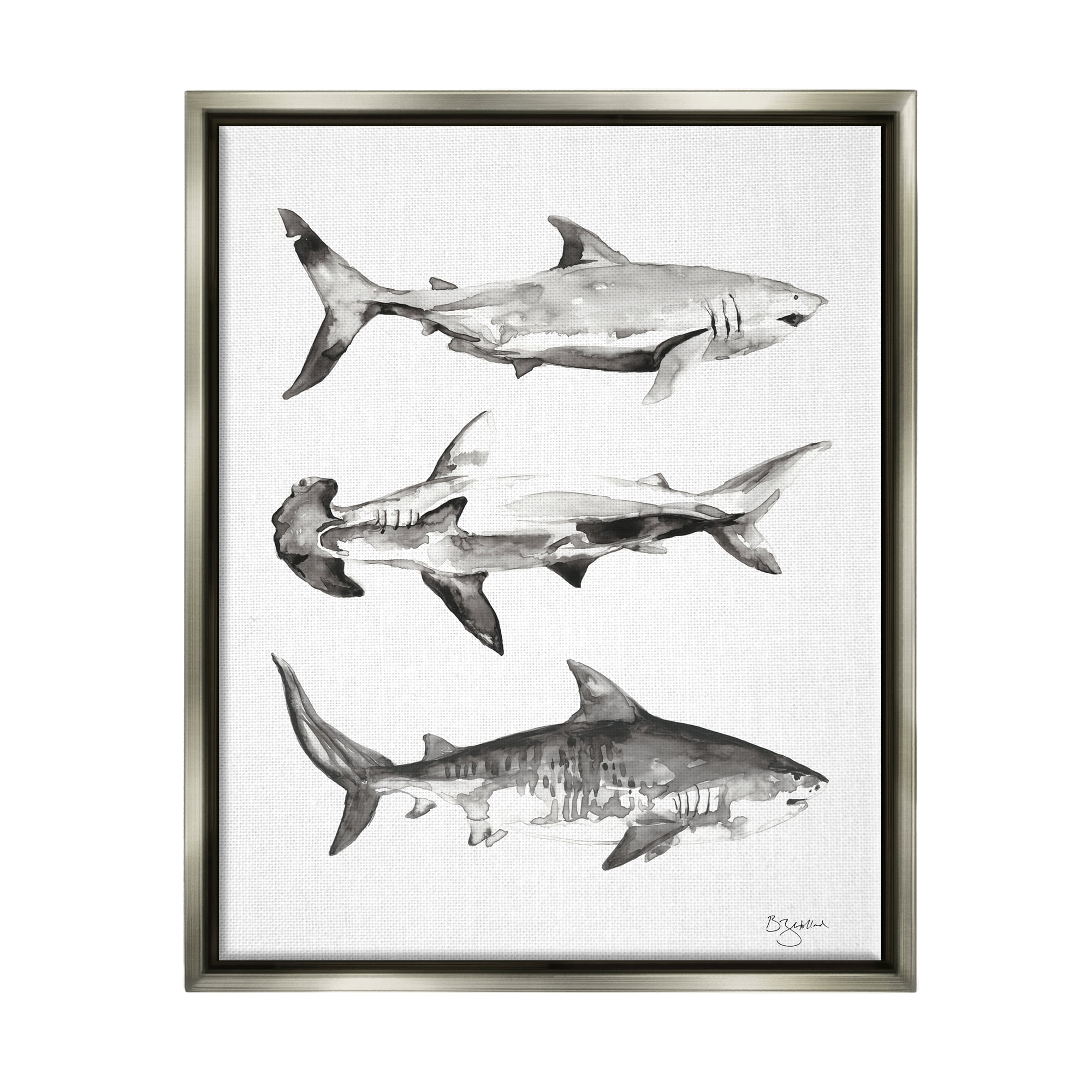 Stupell Industries Nautical Shark Trio Animals & Insects Painting Gray Floater Framed Art Print Wall Art, 17 x 21