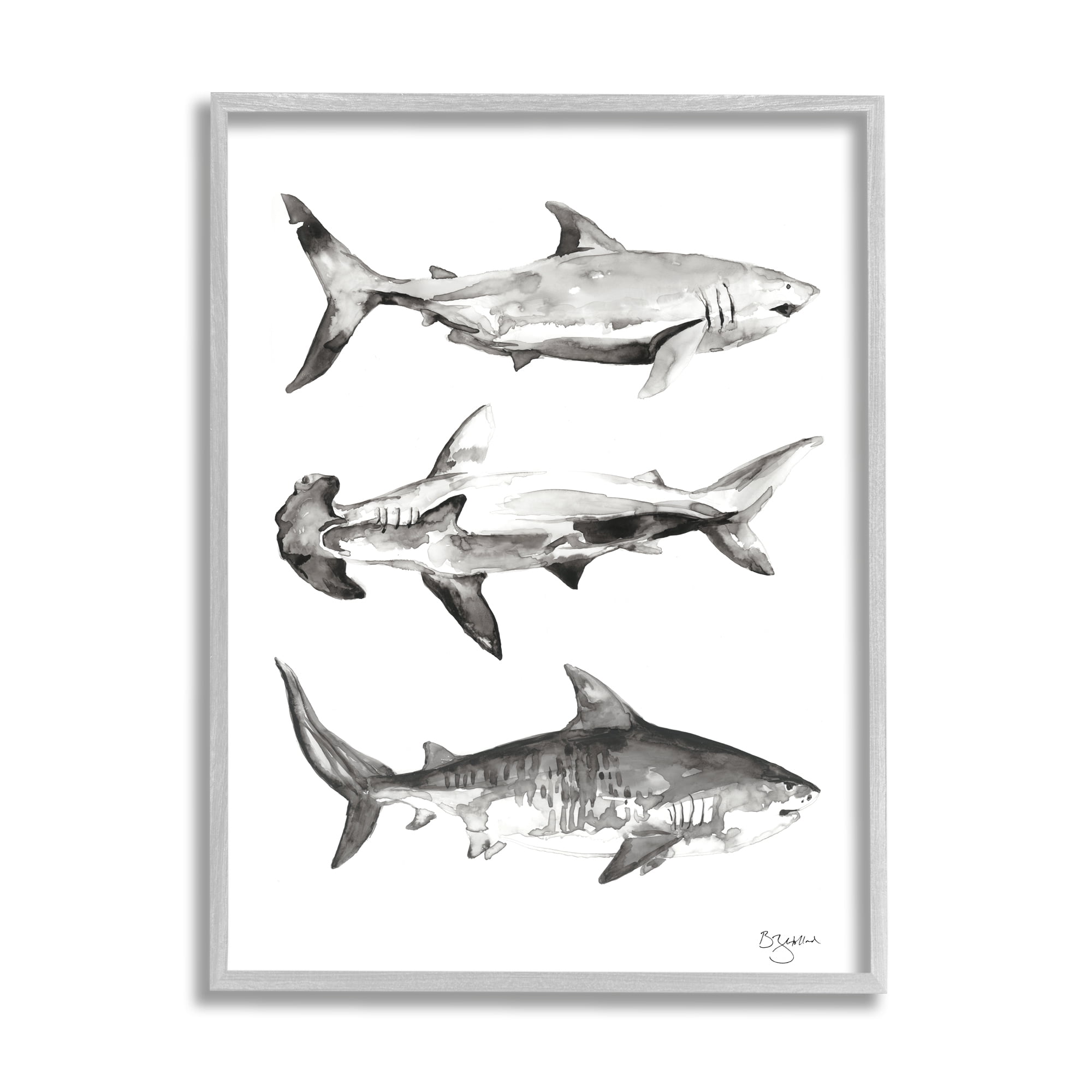 Stupell Industries Nautical Shark Trio Animals & Insects Painting Gray Framed Art Print Wall Art, 11 x 14