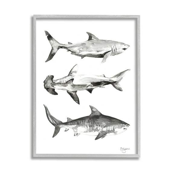 Stupell Industries Nautical Shark Trio Animals & Insects Painting Gray Framed Art Print Wall Art, 24 x 30