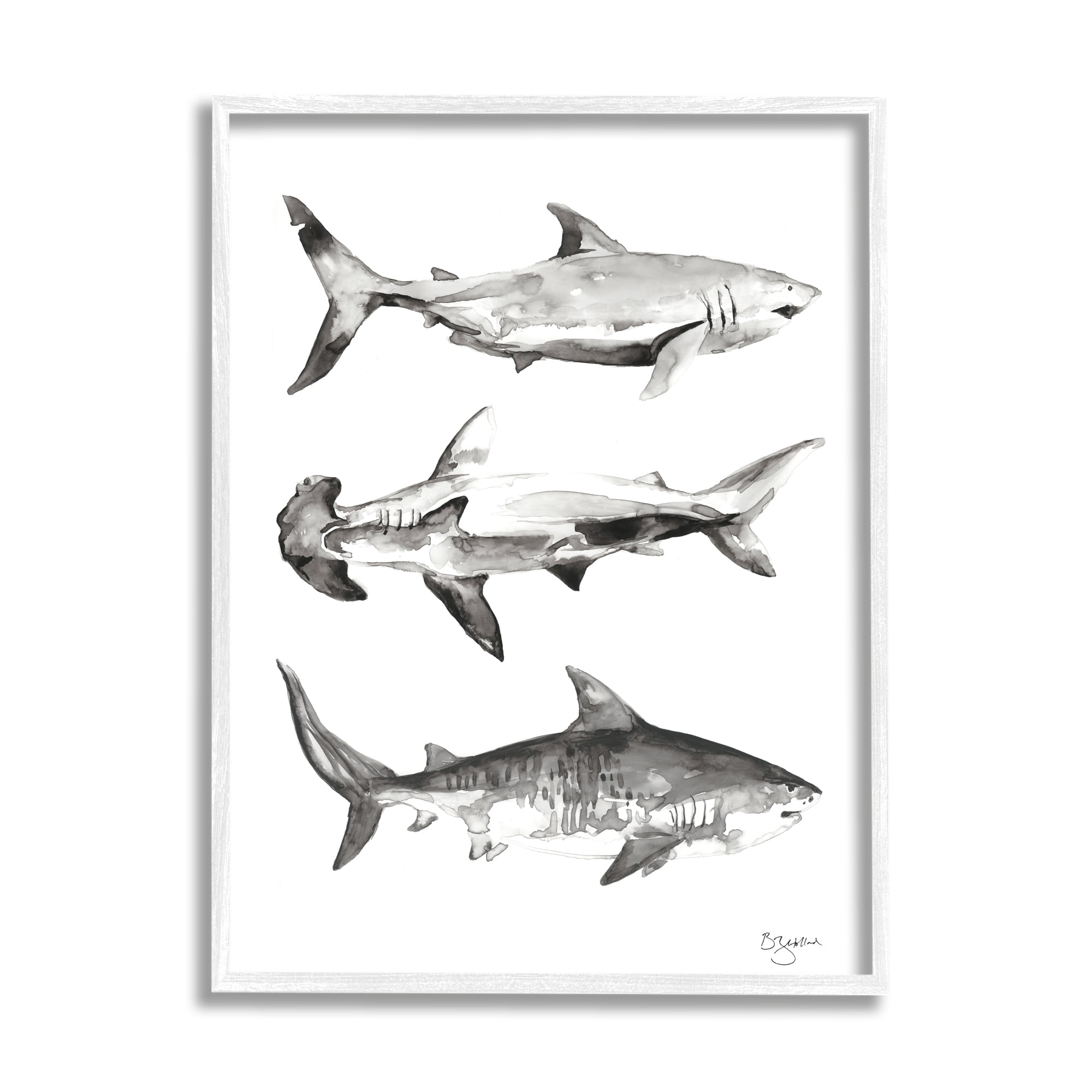 Stupell Industries Nautical Shark Trio Animals & Insects Painting White Framed Art Print Wall Art, 24 x 30