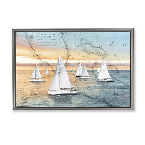 Stupell Industries Nautical Ships & Vintage Map Transportation Painting Gray Floater Framed Canvas Art Print Wall Art, 31 x 21