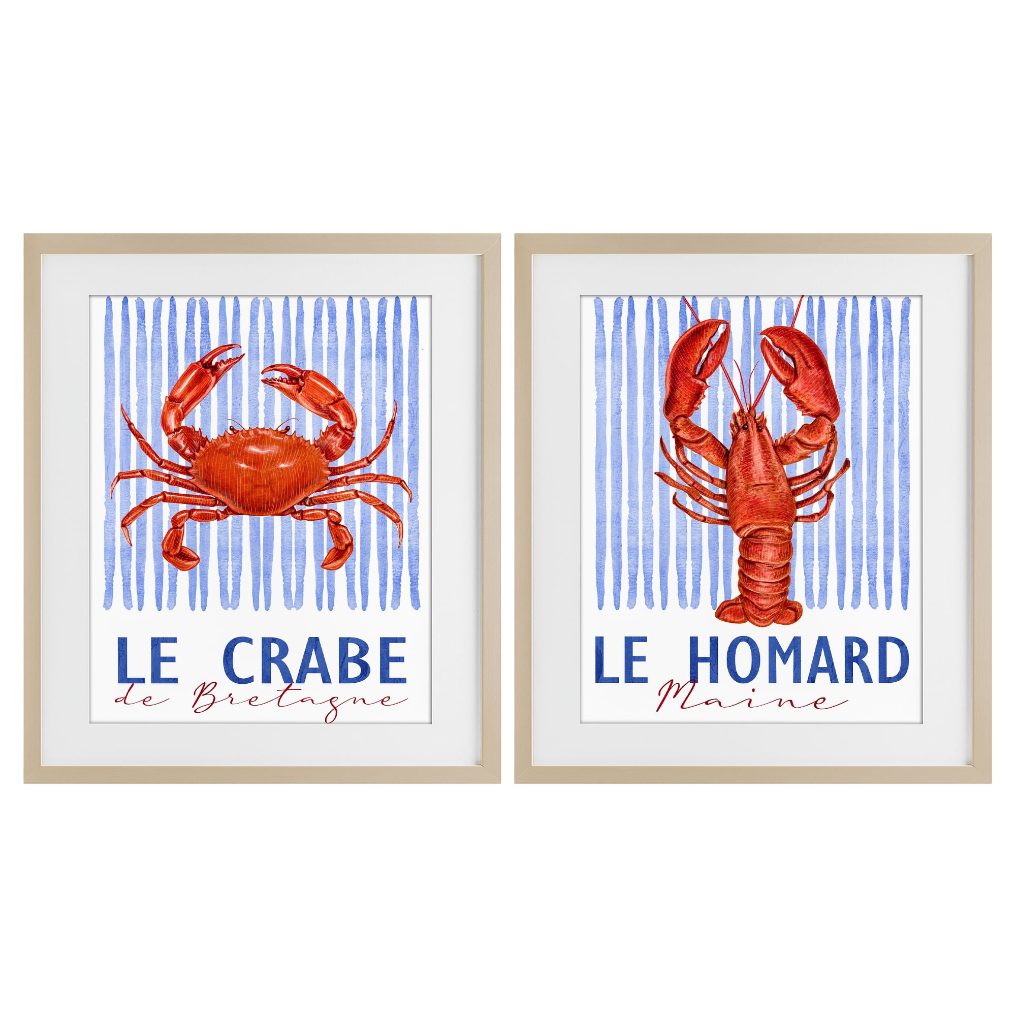 Stupell Industries Nautical Stripes Sea Creatures 2 Piece Birch Framed Print Under Glass Set, design by Kim Allen