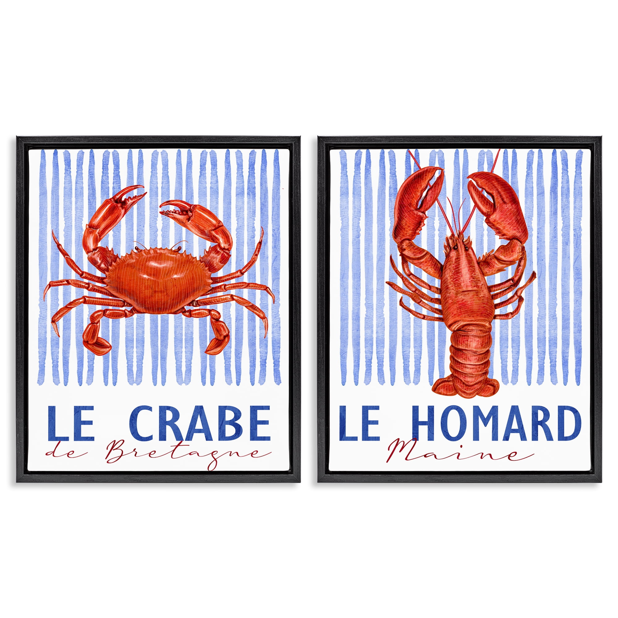 Stupell Industries Nautical Stripes Sea Creatures 2 Piece Black Framed Floater Canvas Set, design by Kim Allen