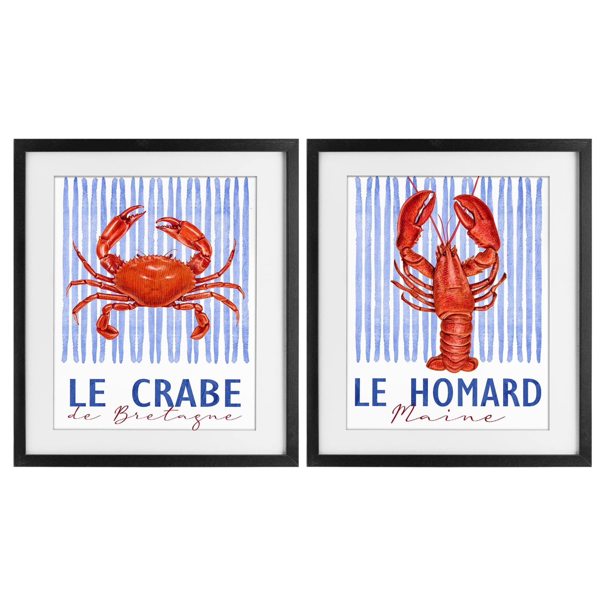 Stupell Industries Nautical Stripes Sea Creatures 2 Piece Black Framed Print Under Glass Set, design by Kim Allen