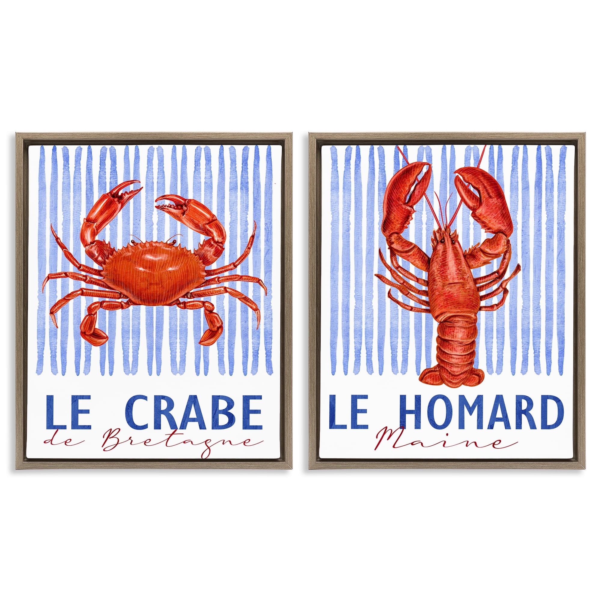 Stupell Industries Nautical Stripes Sea Creatures 2 Piece Brown Framed Floater Canvas Set, design by Kim Allen
