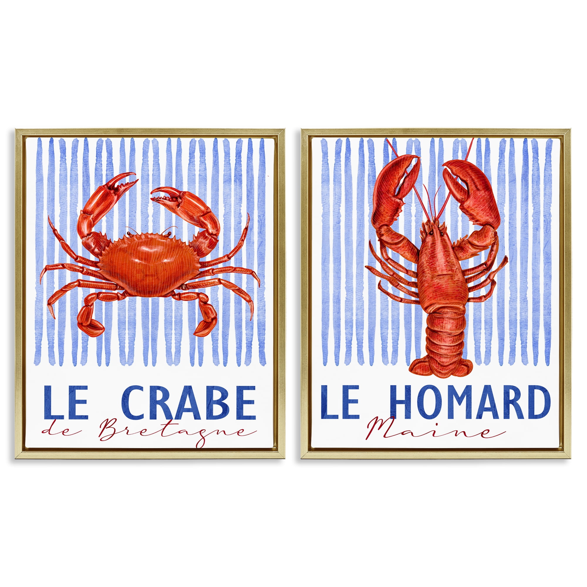 Stupell Industries Nautical Stripes Sea Creatures 2 Piece Gold Framed Floater Canvas Set, design by Kim Allen