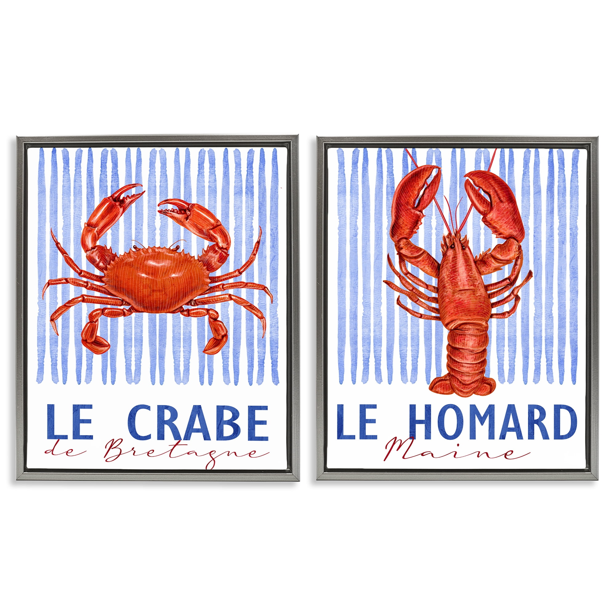 Stupell Industries Nautical Stripes Sea Creatures 2 Piece Gray Framed Floater Canvas Set, design by Kim Allen