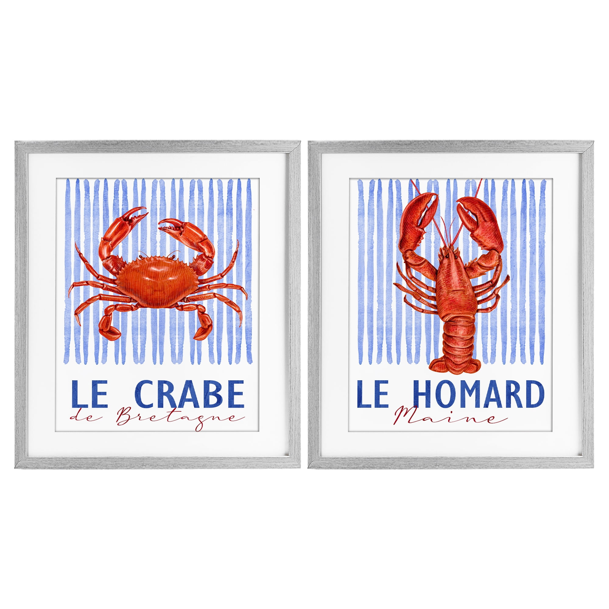 Stupell Industries Nautical Stripes Sea Creatures 2 Piece Gray Framed Print Under Glass Set, design by Kim Allen