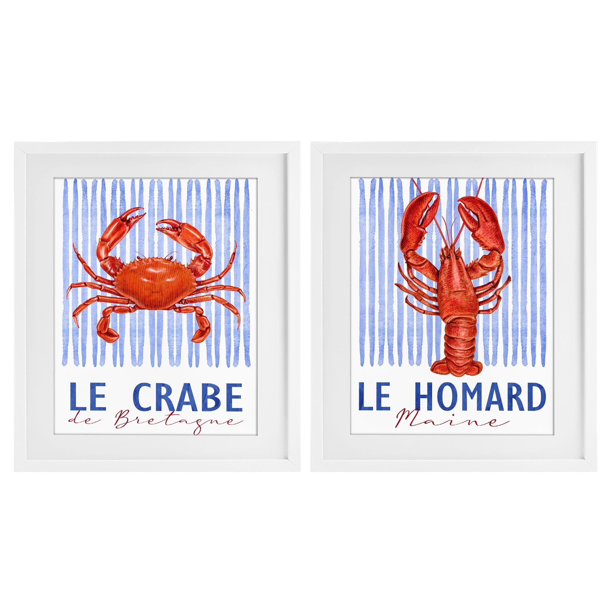 Stupell Industries Nautical Stripes Sea Creatures 2 Piece White Framed Print Under Glass Set, design by Kim Allen