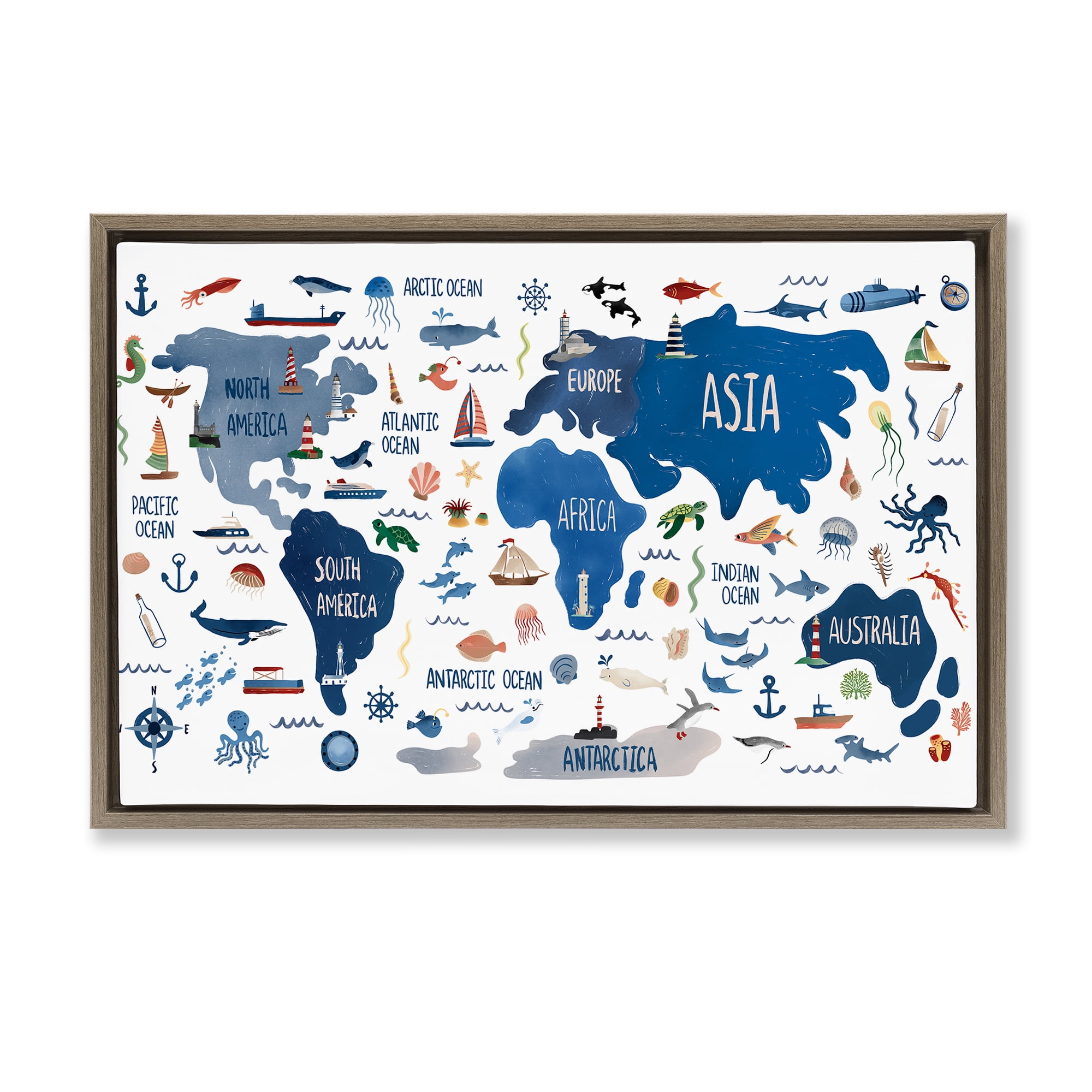 Stupell Industries Nautical Themed Map Town & City Painting Brown Floater Framed Art Print Wall Art, 25 x 17