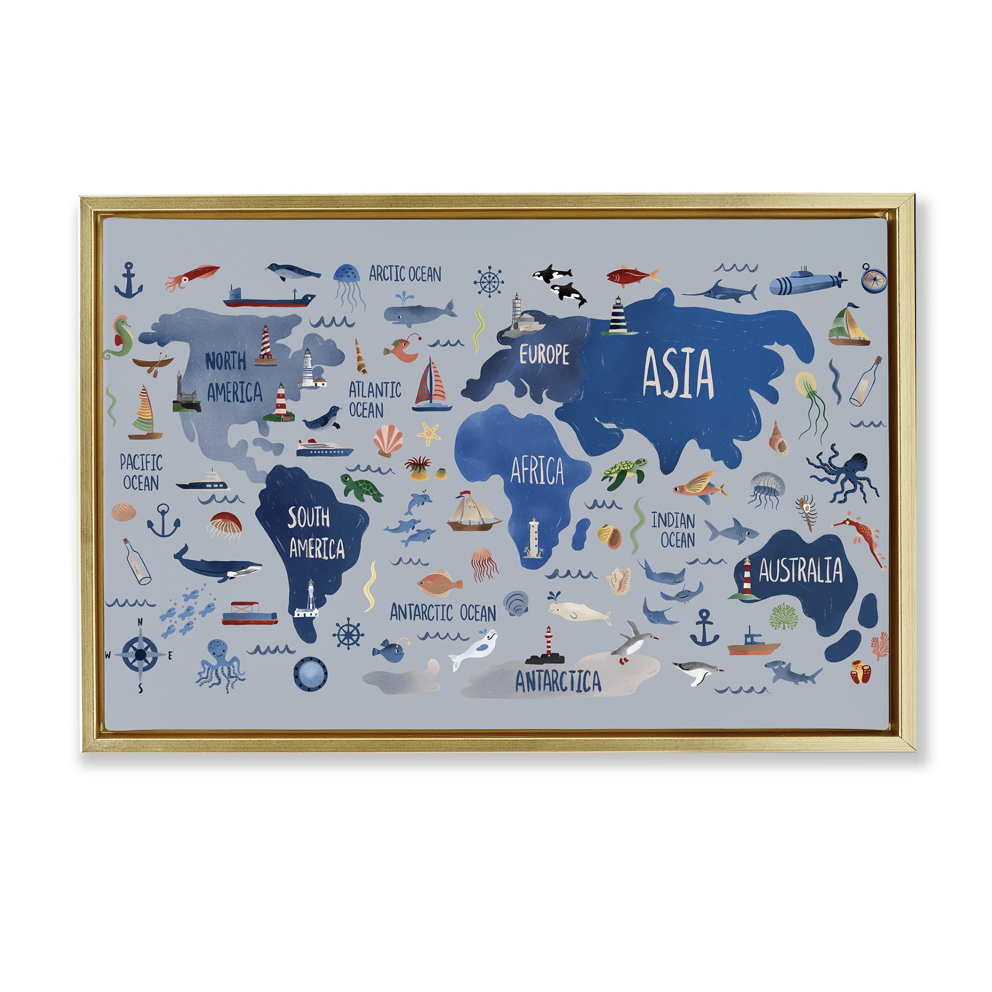 Stupell Industries Nautical Themed Map Town & City Painting Gold Floater Framed Art Print Wall Art, 25 x 17