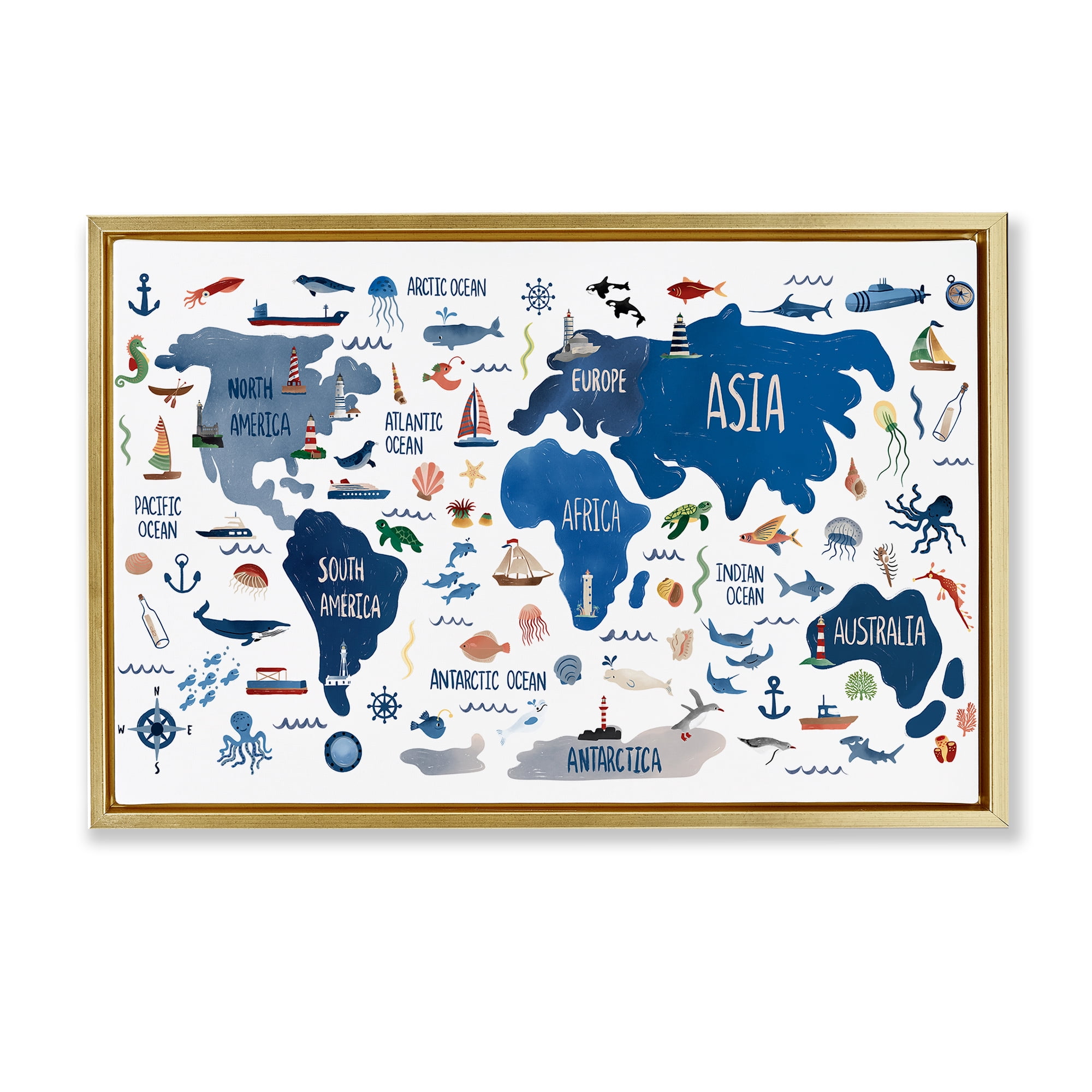Stupell Industries Nautical Themed Map Town & City Painting Gold Floater Framed Art Print Wall Art, 31 x 21