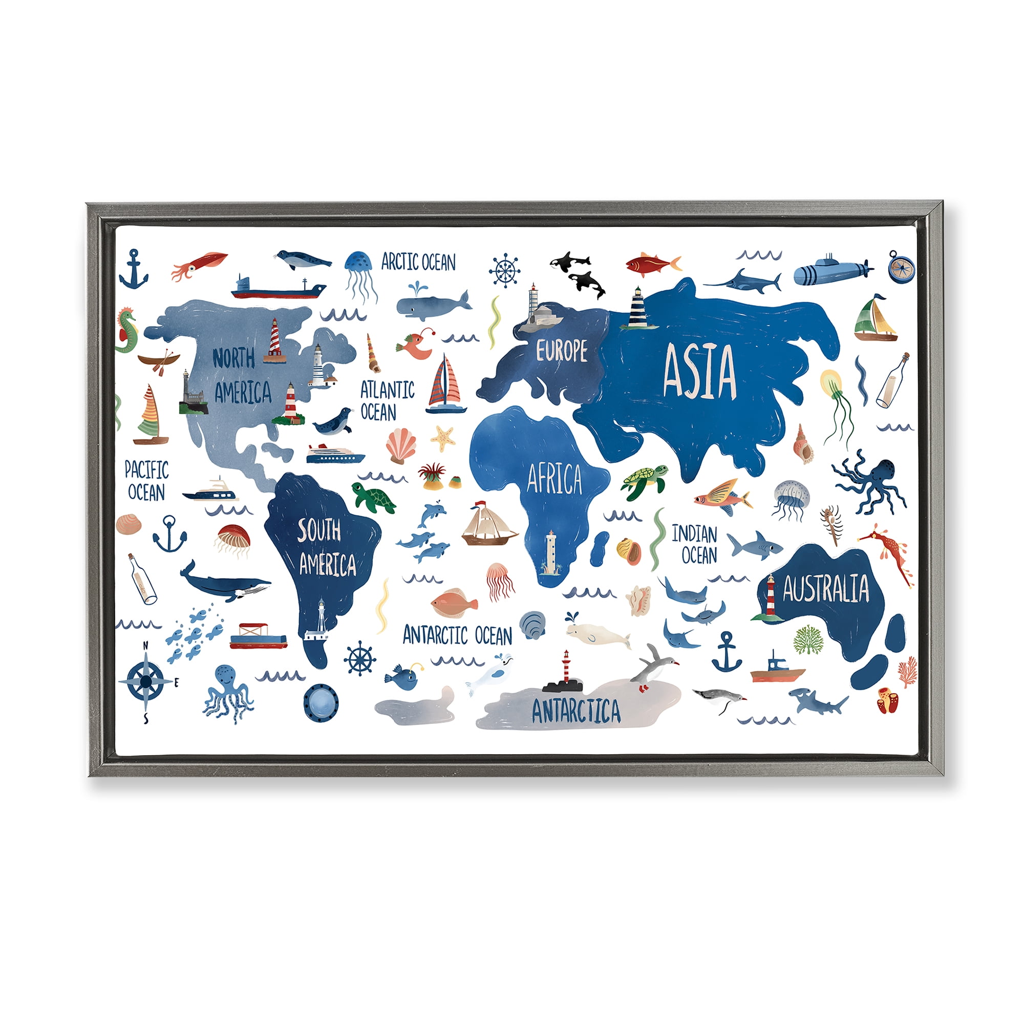 Stupell Industries Nautical Themed Map Town & City Painting Gray Floater Framed Art Print Wall Art, 25 x 17