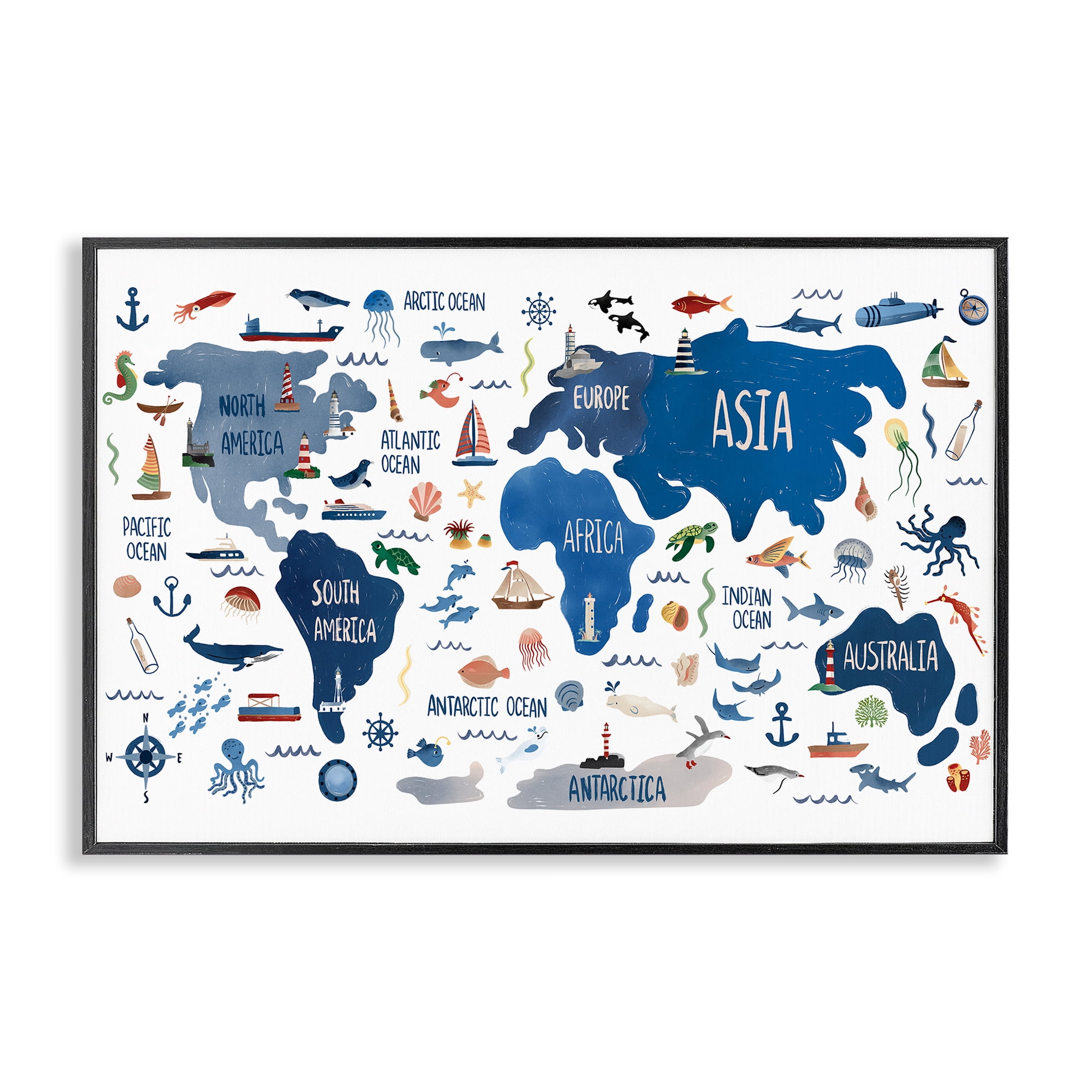 Stupell Industries Nautical Themed Map Travel & Places Painting Black Framed Art Print Wall Art, 30 x 20