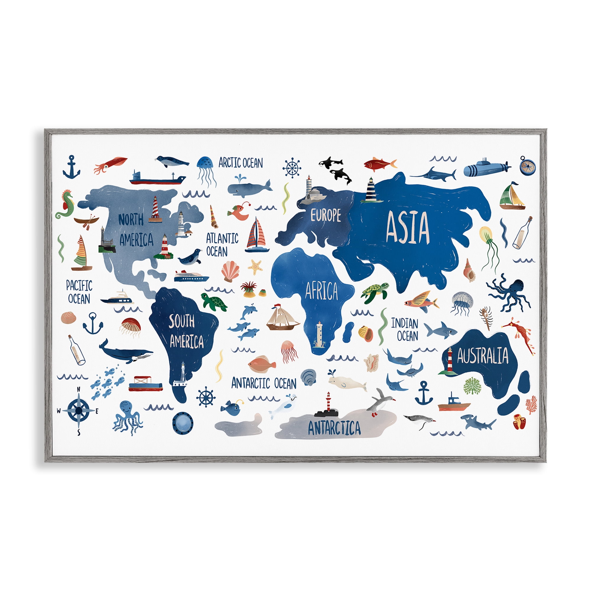 Stupell Industries Nautical Themed Map Travel & Places Painting Gray Framed Art Print Wall Art, 24 x 16