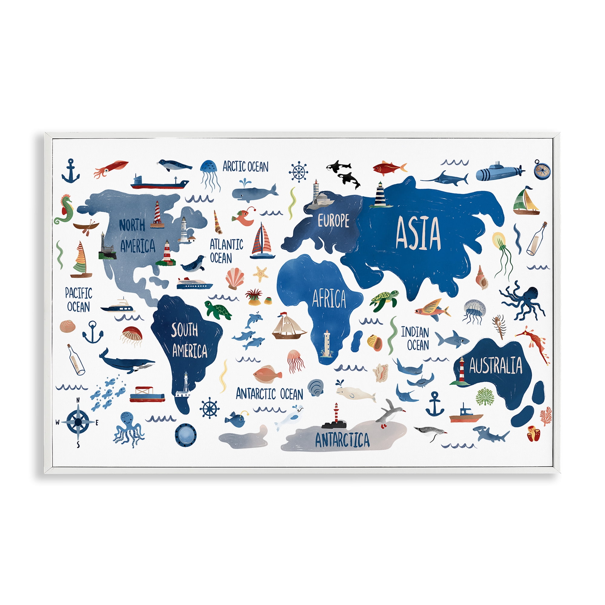 Stupell Industries Nautical Themed Map Travel & Places Painting White Framed Art Print Wall Art, 30 x 20