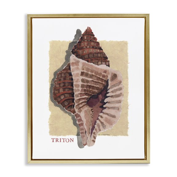 Stupell Industries Nautical Triton Shell Gold Framed Floater Canvas Wall Art design by Nancy Overton, 21 x 17