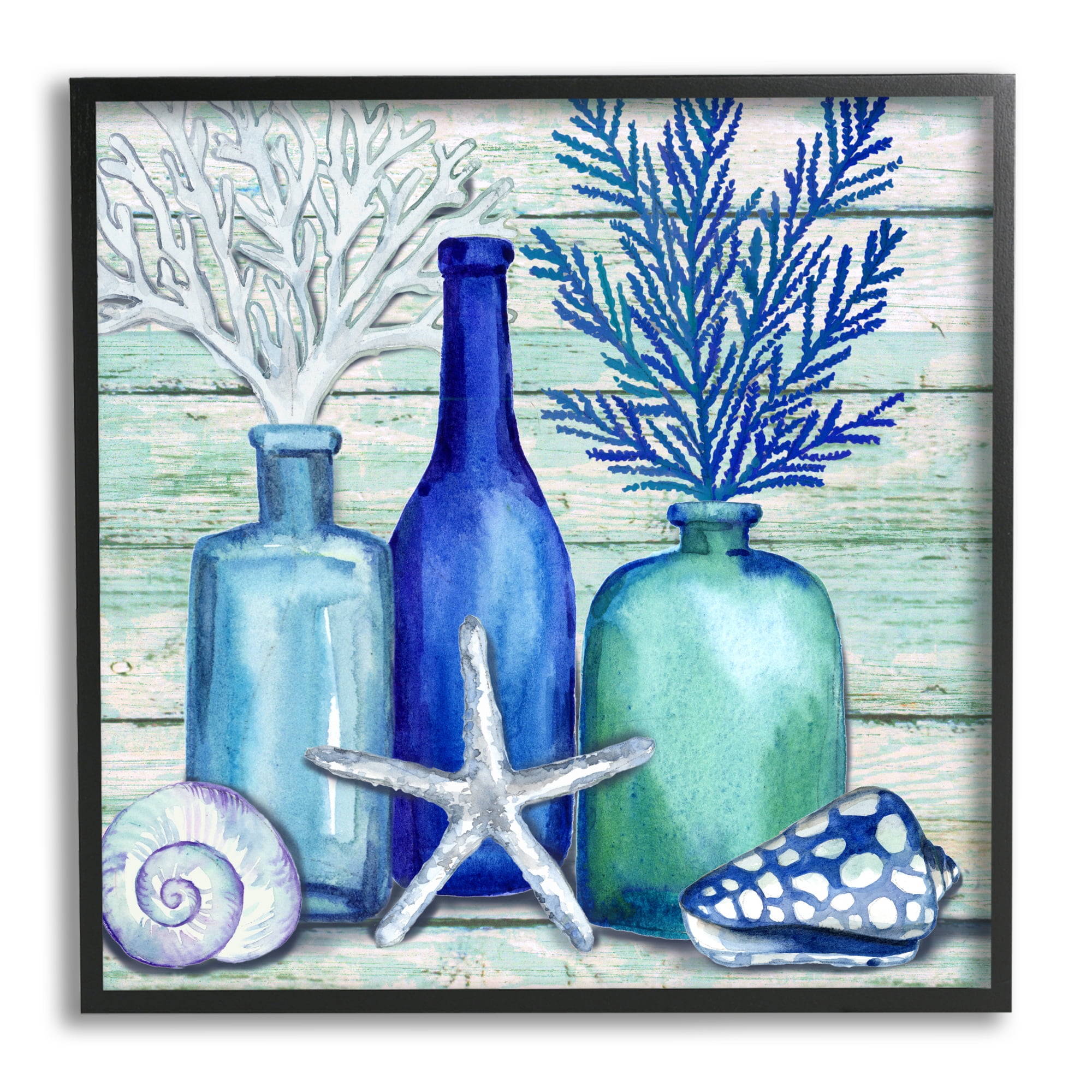 Stupell Industries Nautical Vases & Shells Nature Painting Black Framed Art Print Wall Art, 12 x 12