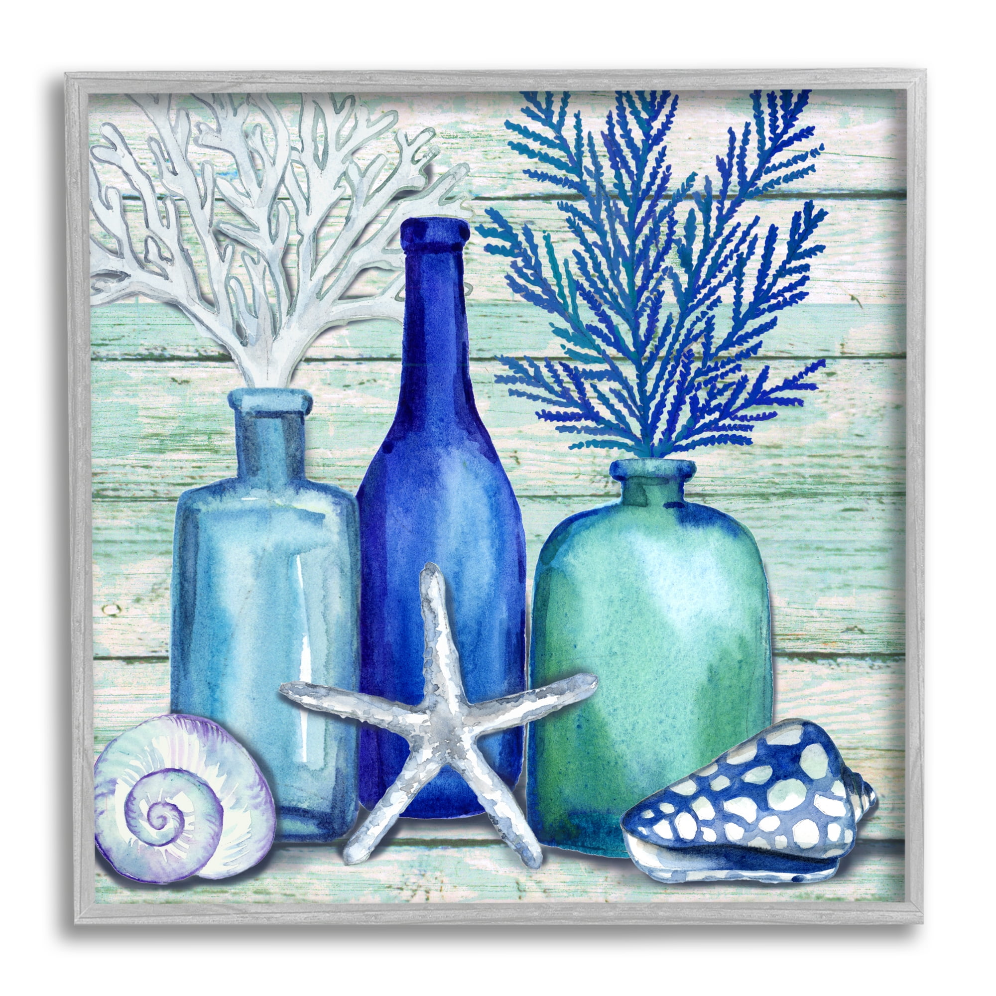 Stupell Industries Nautical Vases & Shells Nature Painting Gray Framed Art Print Wall Art, 17 x 17