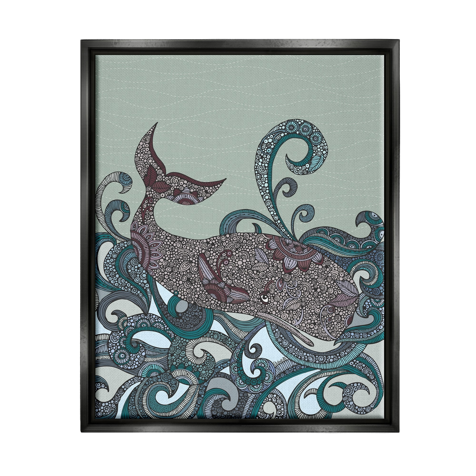 Stupell Industries Nautical Whale Surrounded Intricate Patterned Swirl Shapes Graphic Art Jet Black Floating Framed Canvas Print Wall Art, Design by Valentina Harper
