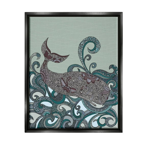 Stupell Industries Nautical Whale Surrounded Intricate Patterned Swirl Shapes Graphic Art Jet Black Floating Framed Canvas Print Wall Art, Design by Valentina Harper