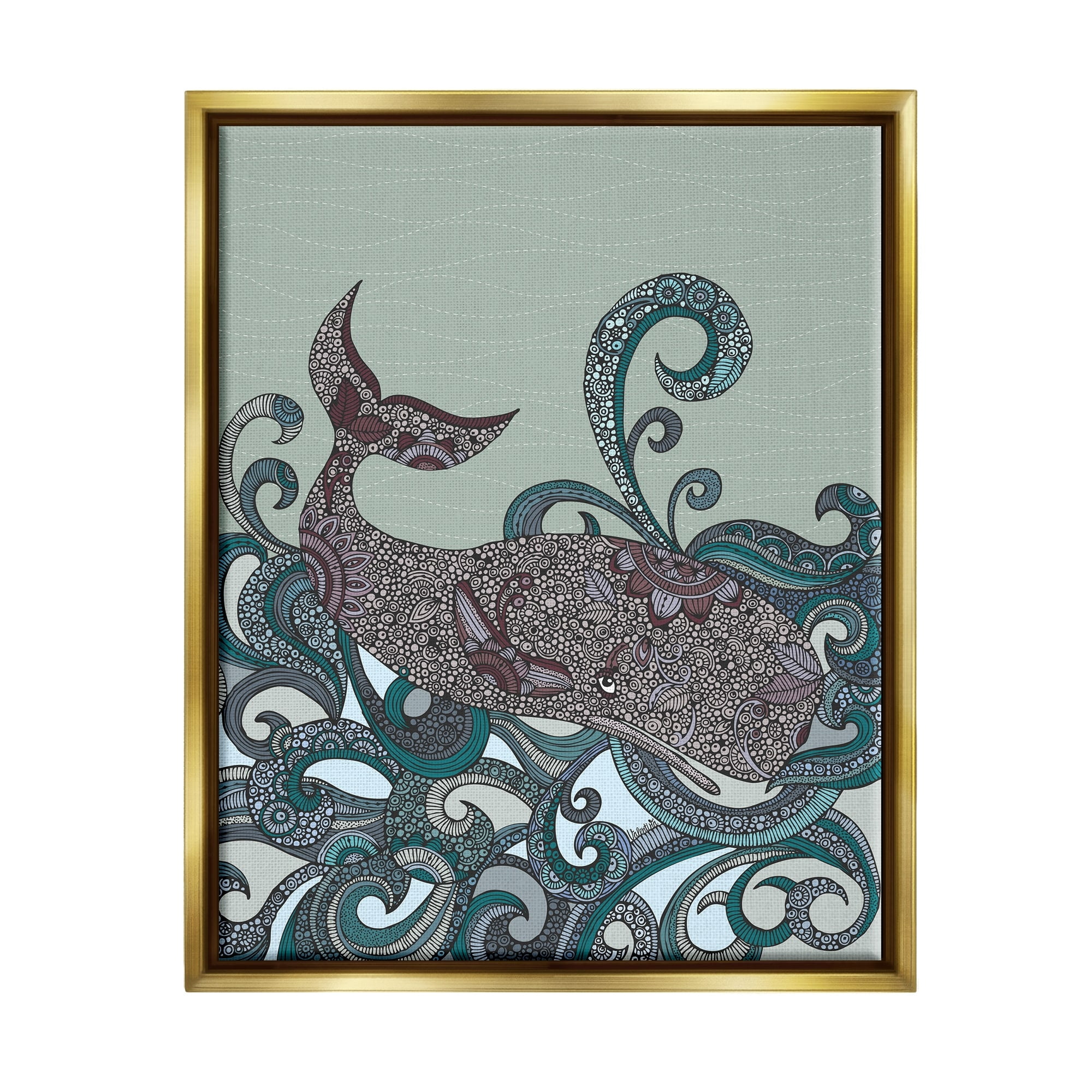 Stupell Industries Nautical Whale Surrounded Intricate Patterned Swirl Shapes Graphic Art Metallic Gold Floating Framed Canvas Print Wall Art, Design by Valentina Harper