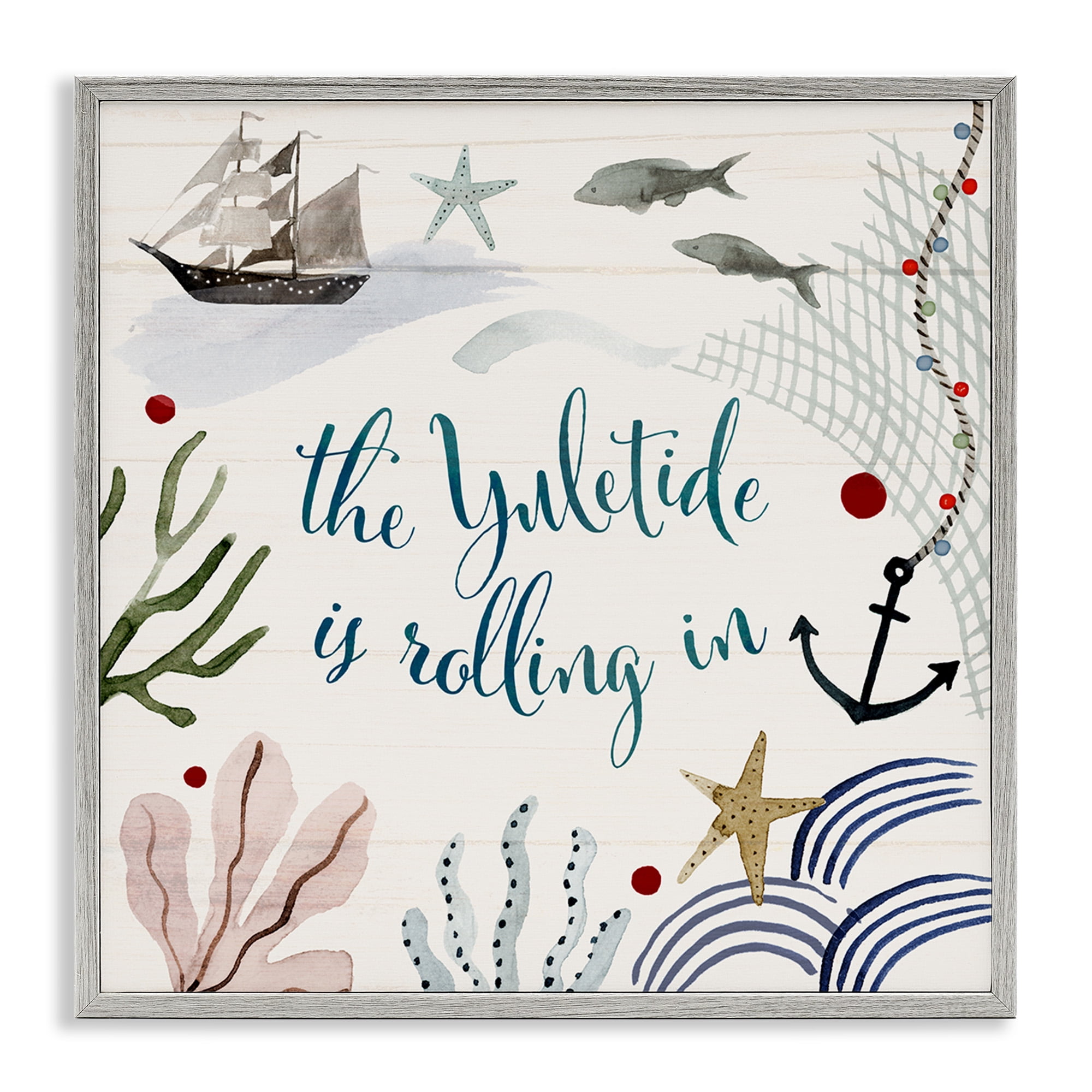 Stupell Industries Nautical Yuletide Christmas Phrase Holiday Painting Gray Framed Art Print Wall Art, 17 x 17