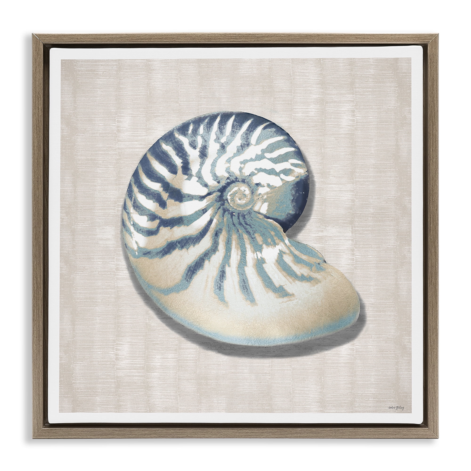 Stupell Industries Nautilus Shell in Misty Blue Brown Framed Floater Canvas Wall Art, design by Amber Sterling