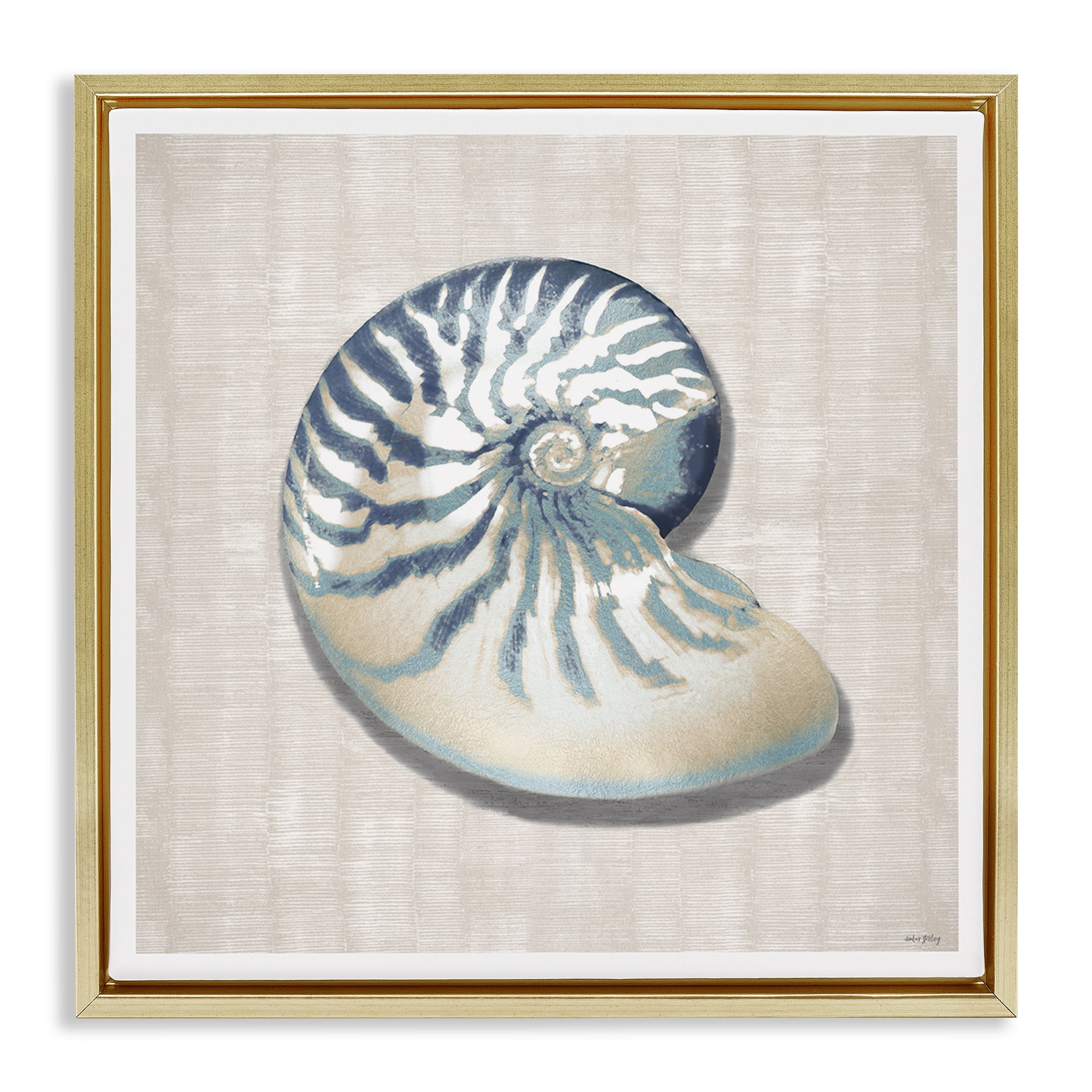 Stupell Industries Nautilus Shell in Misty Blue Gold Framed Floater Canvas Wall Art, design by Amber Sterling