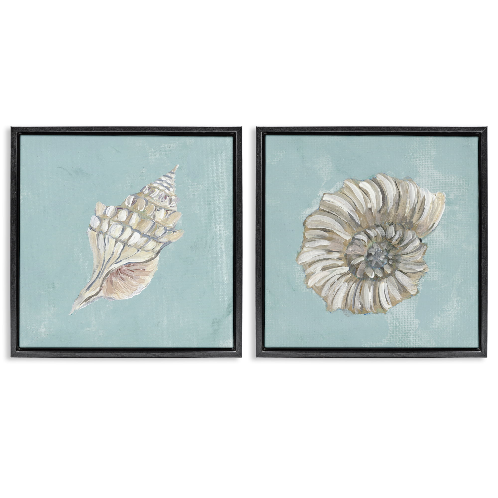 Stupell Industries Nautilus and Conch Seashells Nautical & Beach Painting Black Floater Framed Canvas Art Print Wall Art, 25 x 25, Set of 2