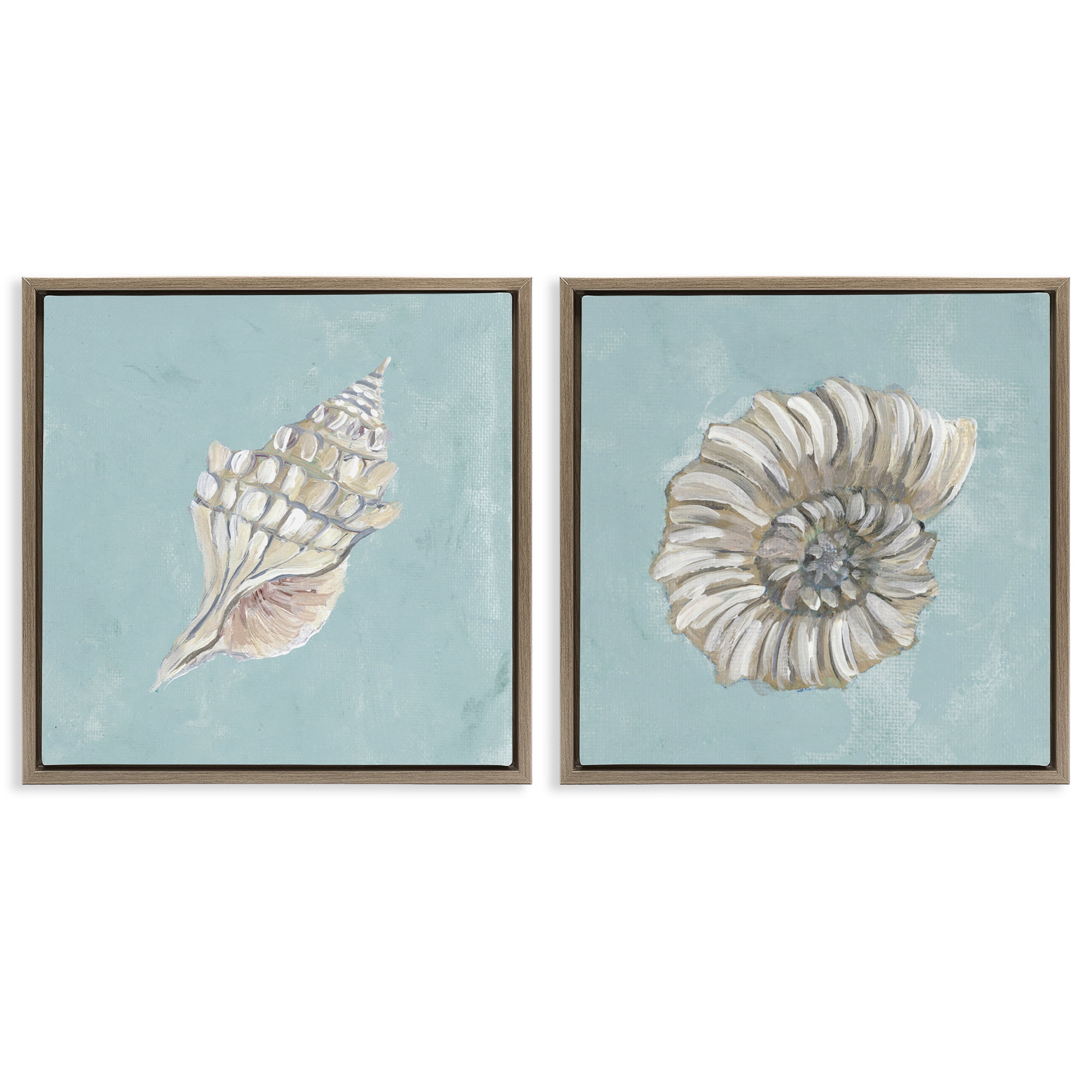 Stupell Industries Nautilus and Conch Seashells Nautical & Beach Painting Brown Floater Framed Canvas Art Print Wall Art, 25 x 25, Set of 2