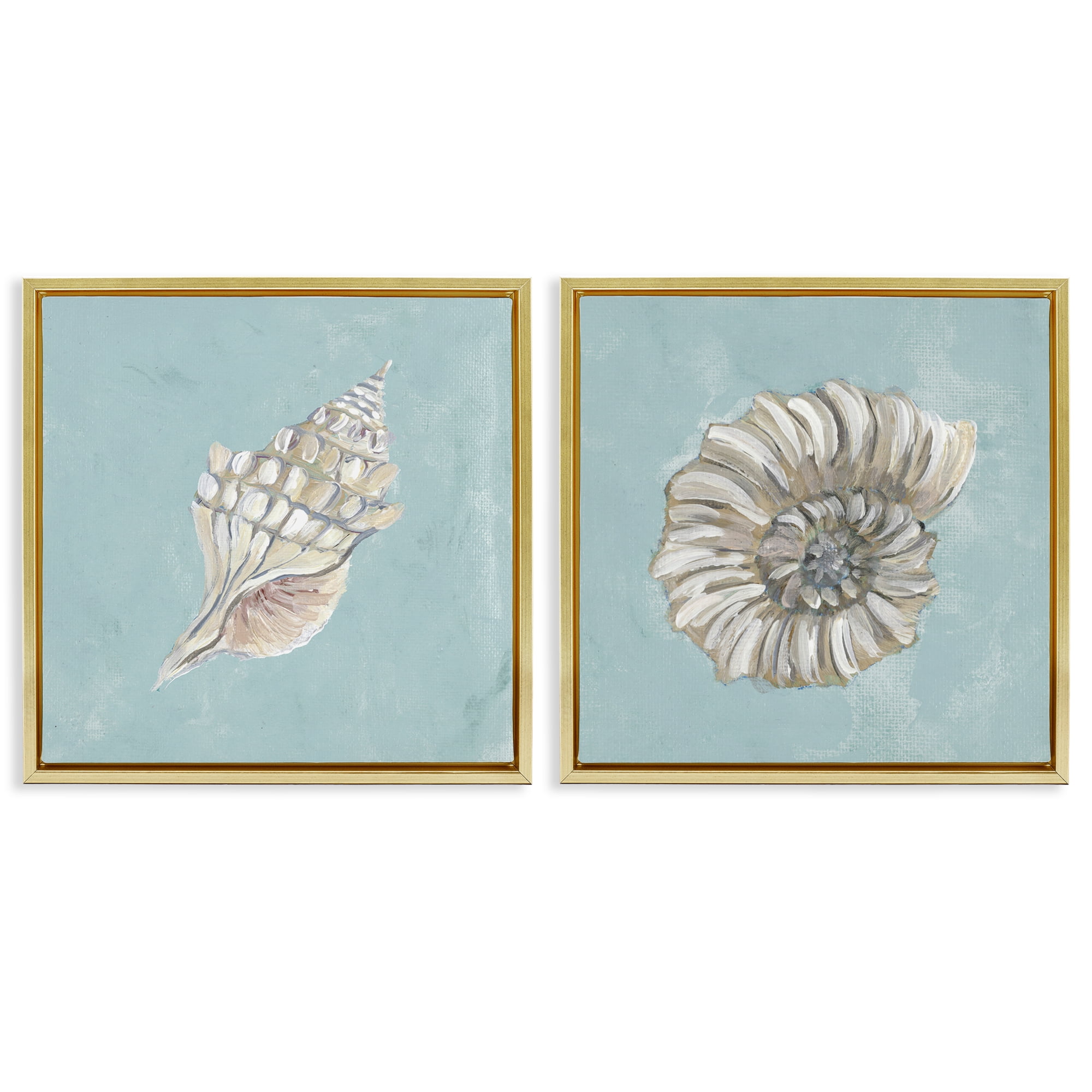 Stupell Industries Nautilus and Conch Seashells Nautical & Beach Painting Gold Floater Framed Canvas Art Print Wall Art, 18 x 18, Set of 2