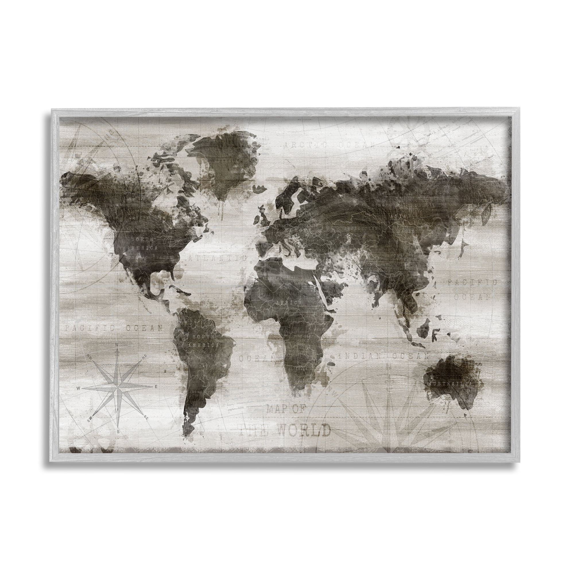 Stupell Industries Navigant World Map Distressed Vintage Land Chart,20 x 16, Design by Natalie Carpentieri