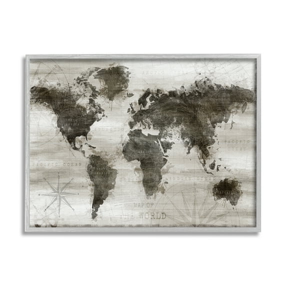 Navigant World Map Distressed Vintage Land Chart Typography Graphic Art Framed Art Print Wall Art