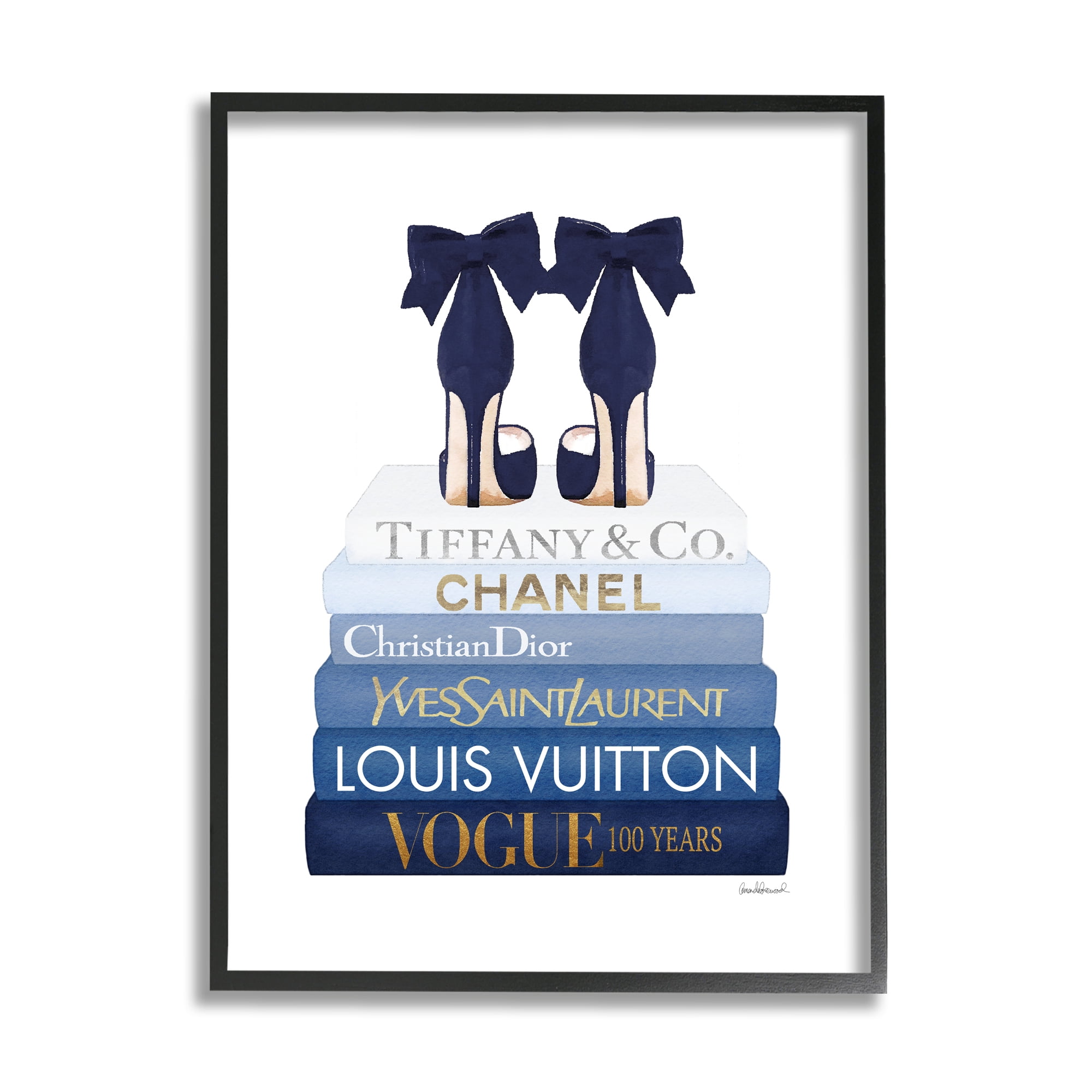 Stupell Industries Navy Blue Bow Heels Chic Glam Bookstack Beauty & Fashion Painting Black Framed Art Print Wall Art, 11 x 14