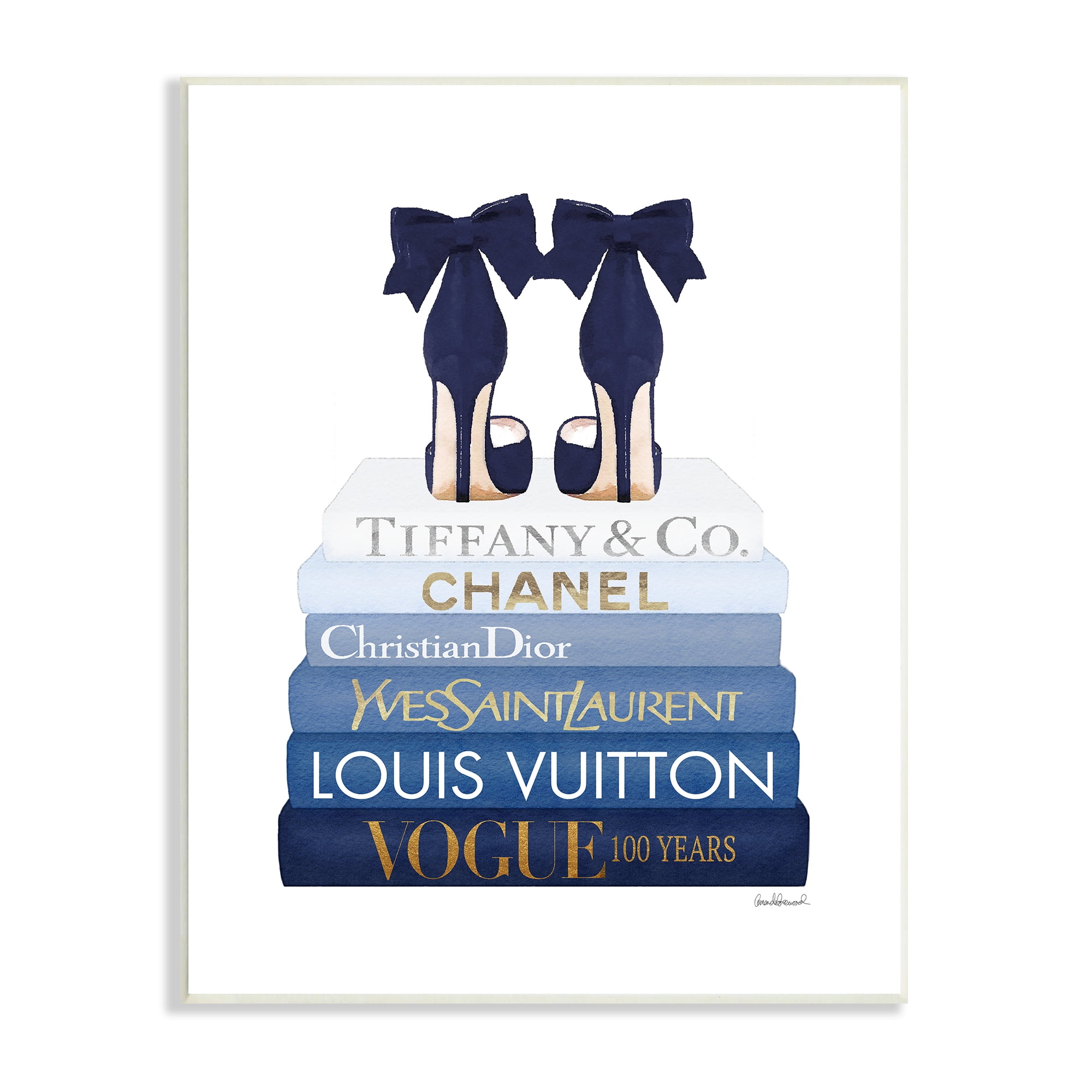 Stupell Industries Navy Blue Bow Heels Chic Glam Bookstack Beauty & Fashion Painting Unframed Art Print Wall Art, 13 x 19