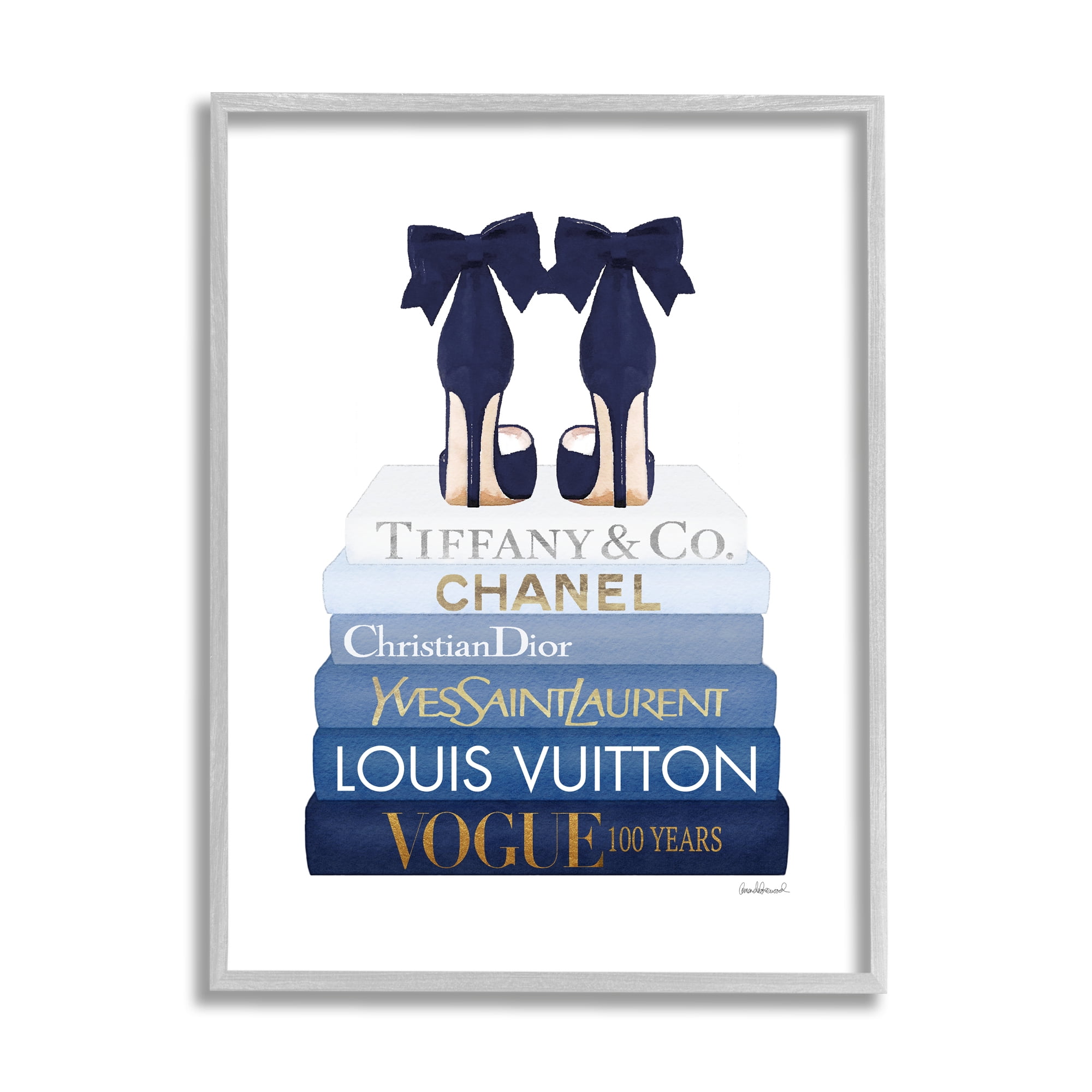 Stupell Industries Navy Blue Bow Heels Chic Glam Bookstack Glam Painting Gray framed Art Print Wall Art, 11 x 14, Design by Amanda Greenwood