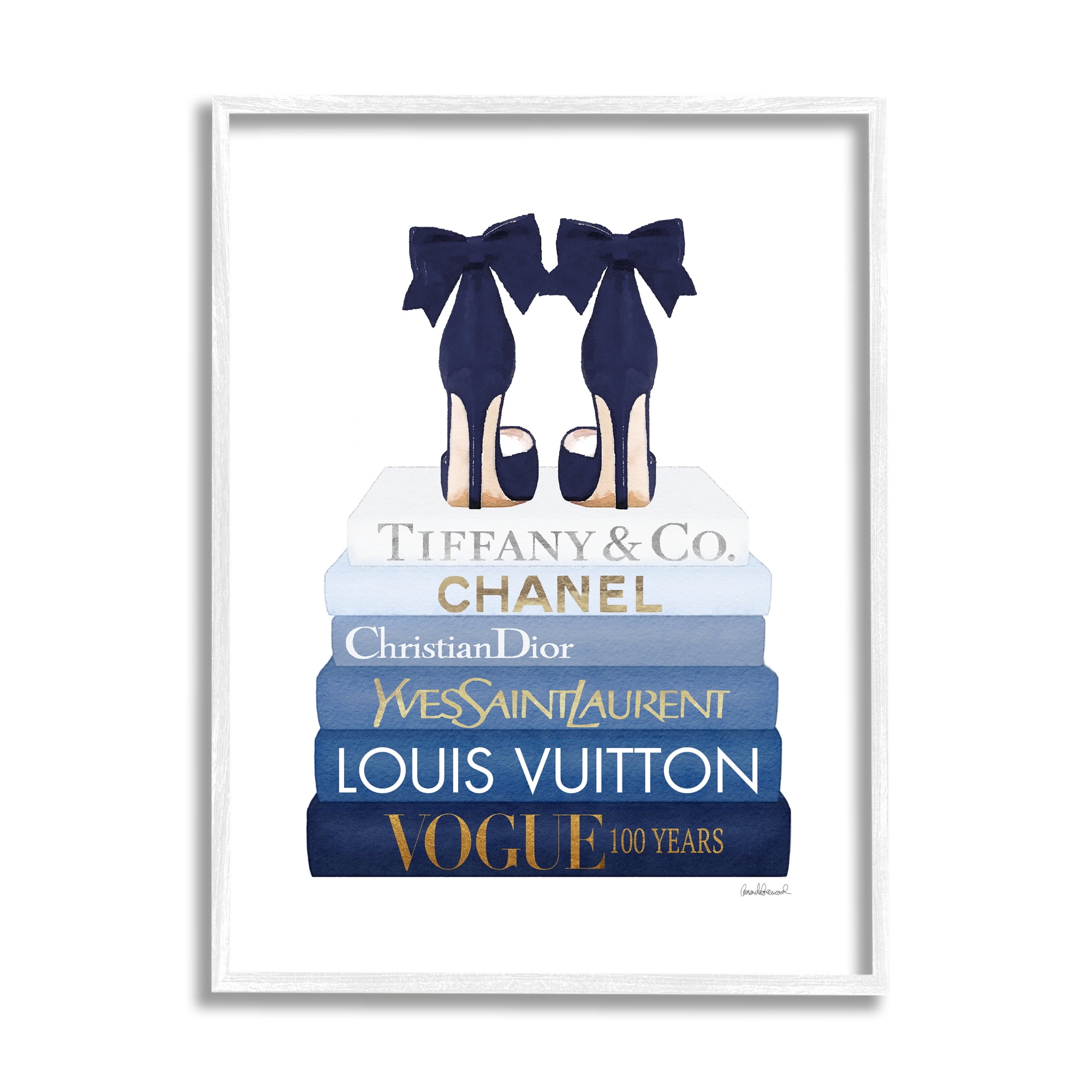 Stupell Industries Navy Blue Bow Heels Chic Glam Bookstack Glam Painting White Framed Art Print Wall Art, 11 x 14, Design by Amanda Greenwood