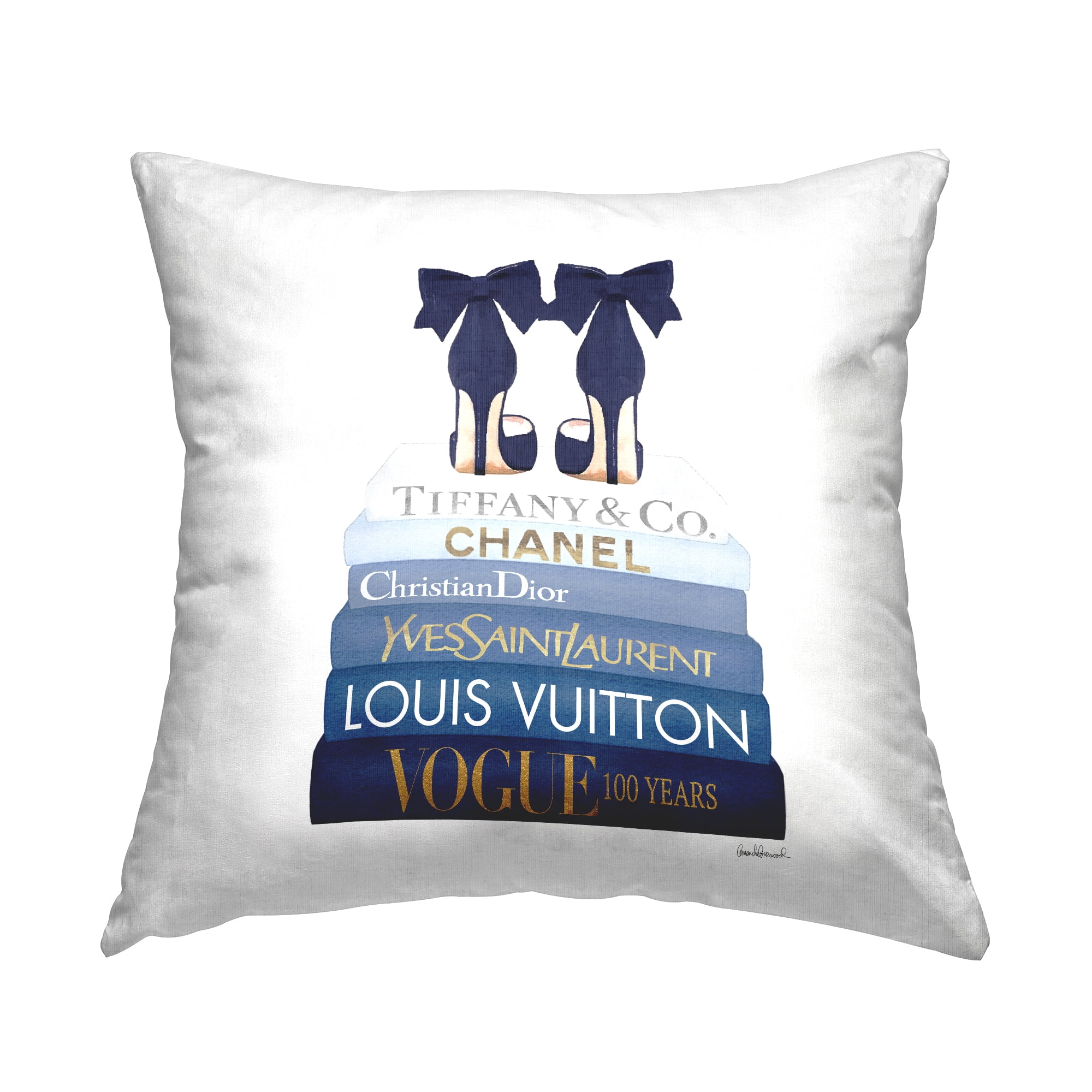 Stupell Industries Navy Blue Fashion Heels Glam Brand Bookstack Design by Amanda Greenwood Throw Pillow