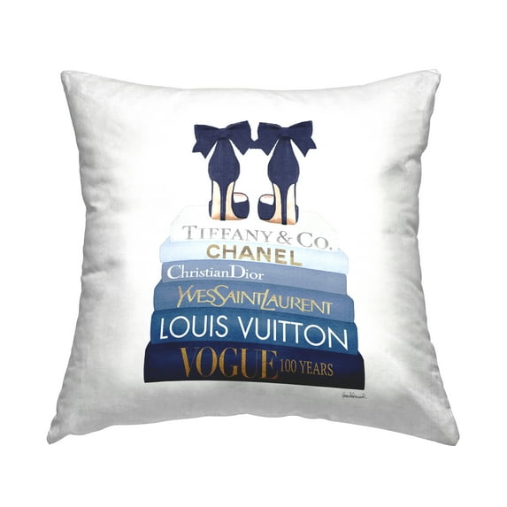 Stupell Industries Navy Blue Fashion Heels Glam Brand Bookstack Design by Amanda Greenwood Throw Pillow