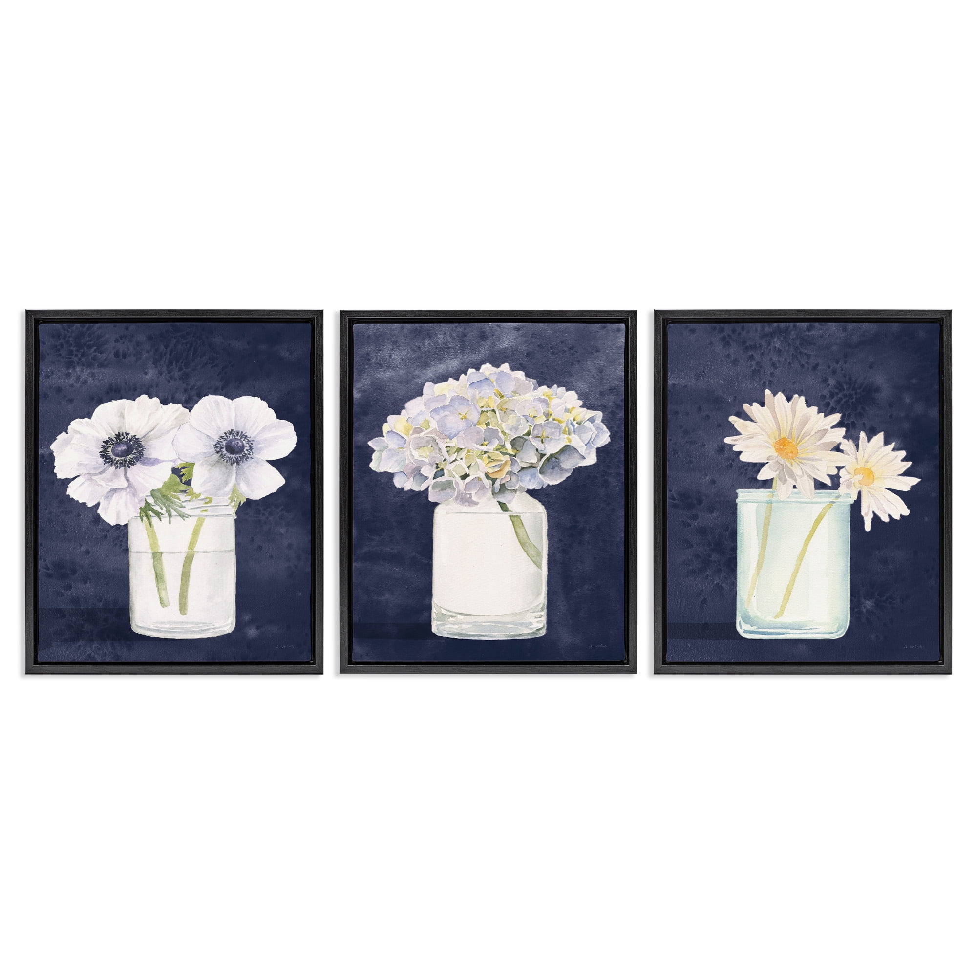 Stupell Industries Navy Blue Flower Bouquets Botanical & Floral Painting Black Floater Framed Canvas Art Print Wall Art, 17 x 21, Set of 3