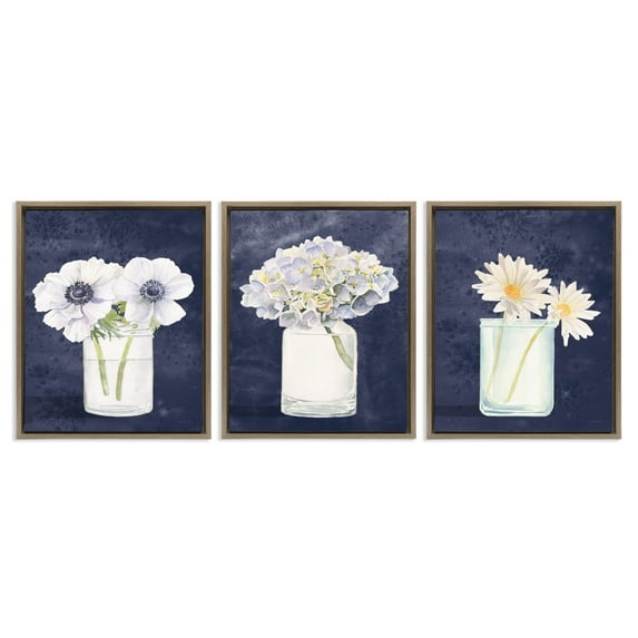 Stupell Industries Navy Blue Flower Bouquets Botanical & Floral Painting Brown Floater Framed Canvas Art Print Wall Art, 25 x 31, Set of 3
