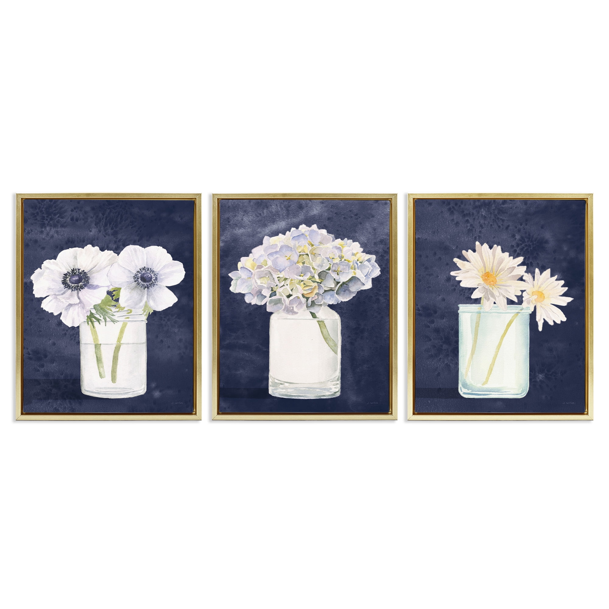 Stupell Industries Navy Blue Flower Bouquets Botanical & Floral Painting Gold Floater Framed Canvas Art Print Wall Art, 25 x 31, Set of 3