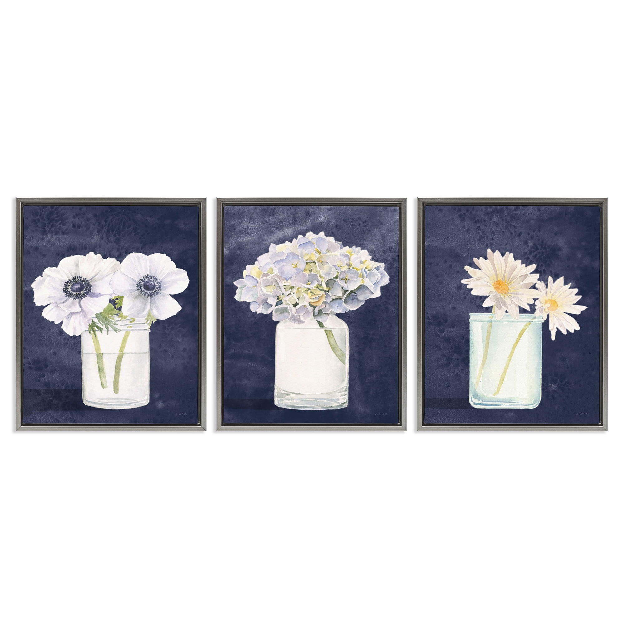Stupell Industries Navy Blue Flower Bouquets Botanical & Floral Painting Gray Floater Framed Canvas Art Print Wall Art, 17 x 21, Set of 3