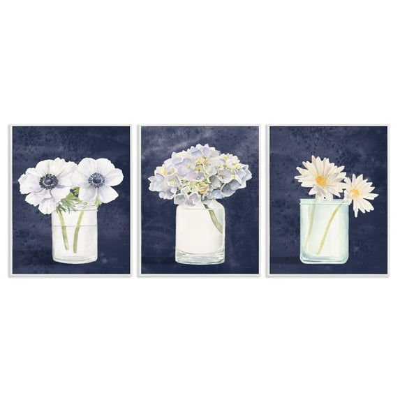 Stupell Industries Navy Blue Flower Bouquets Botanical & Floral Painting White Framed Art Print Wall Art, 16 x 20, Set of 3