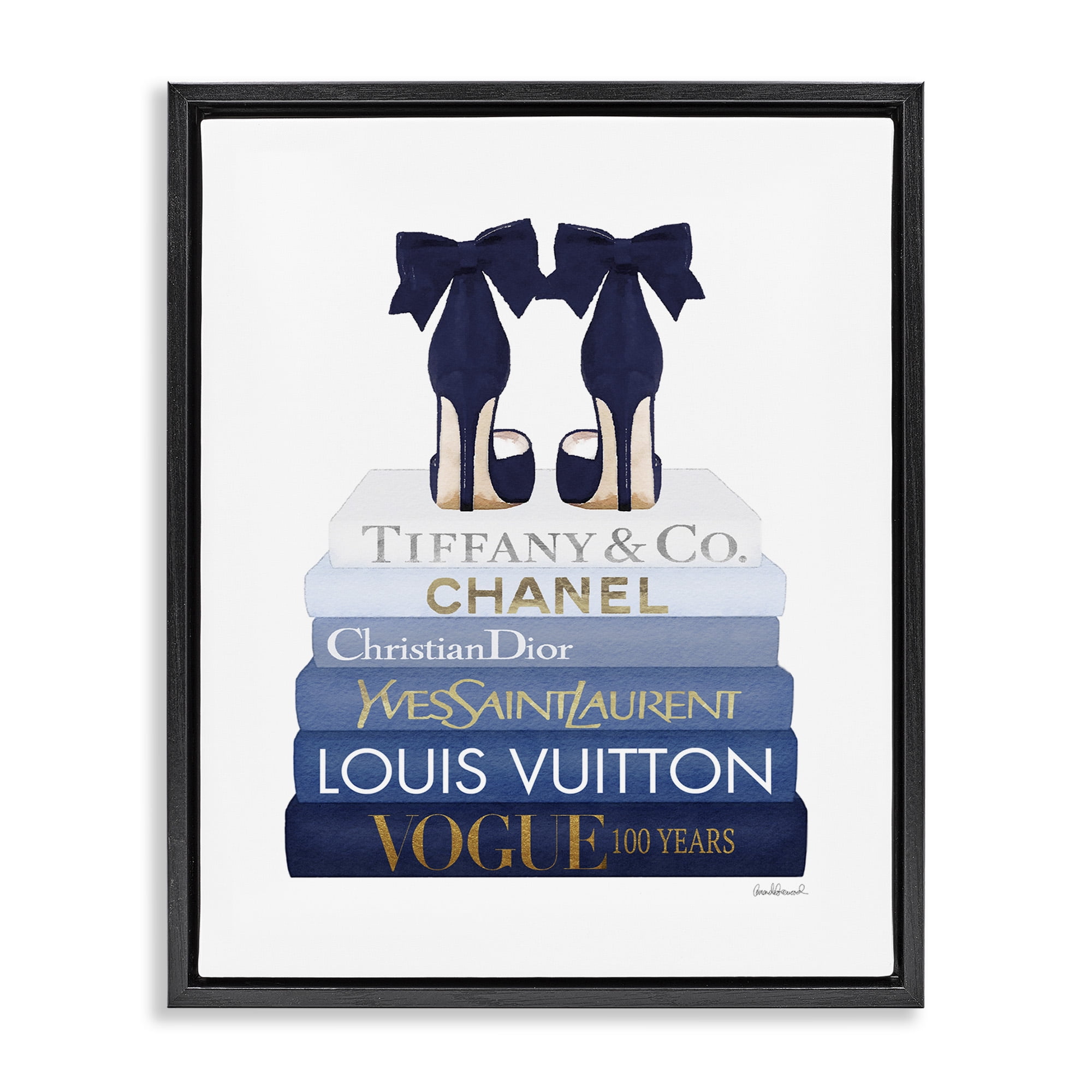 Stupell Industries Navy Blue Heels Chic Bookstack Beauty & Fashion Painting Black Floater Framed Canvas Art Print Wall Art, 17 x 21
