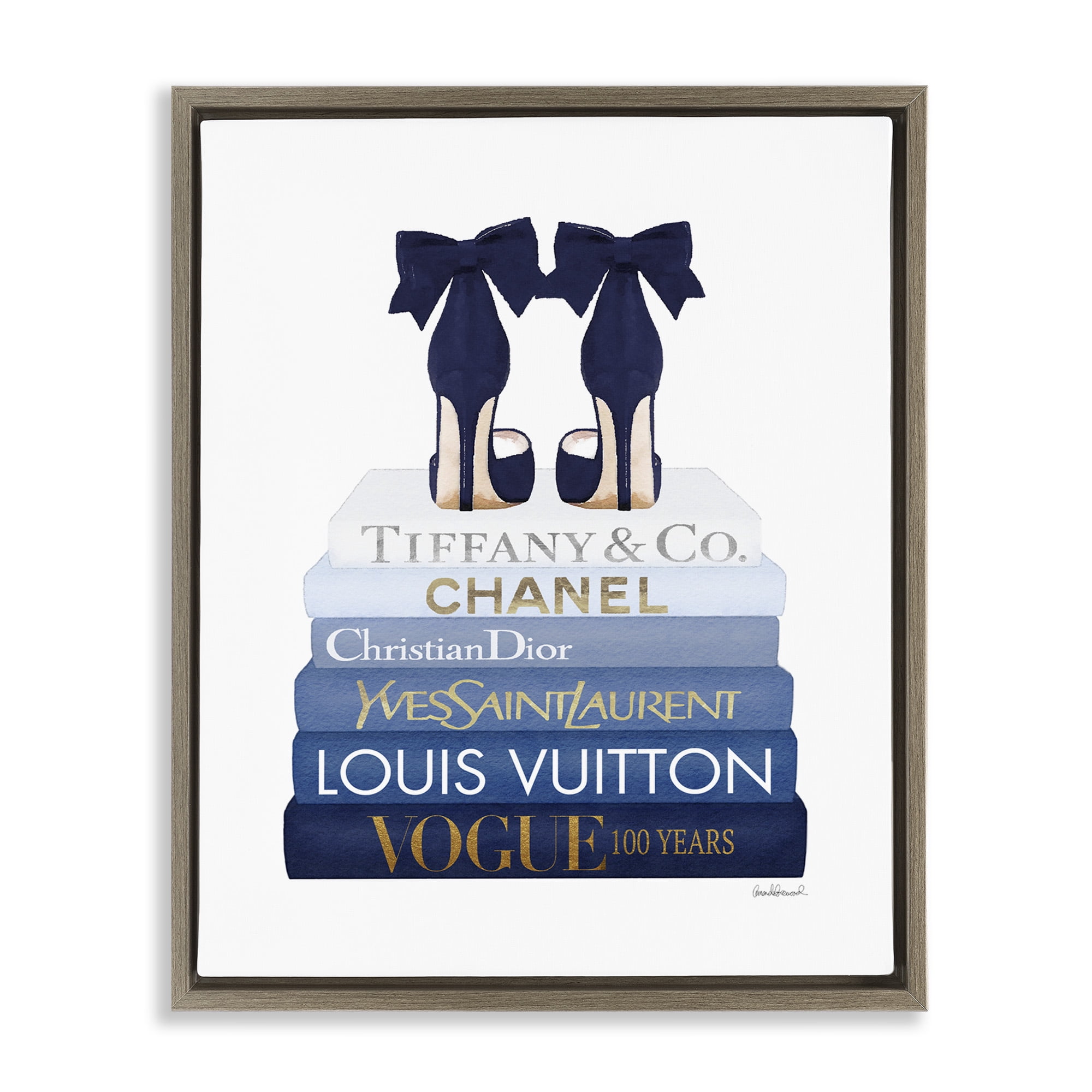Stupell Industries Navy Blue Heels Chic Bookstack Beauty & Fashion Painting Brown Floater Framed Canvas Art Print Wall Art, 25 x 31
